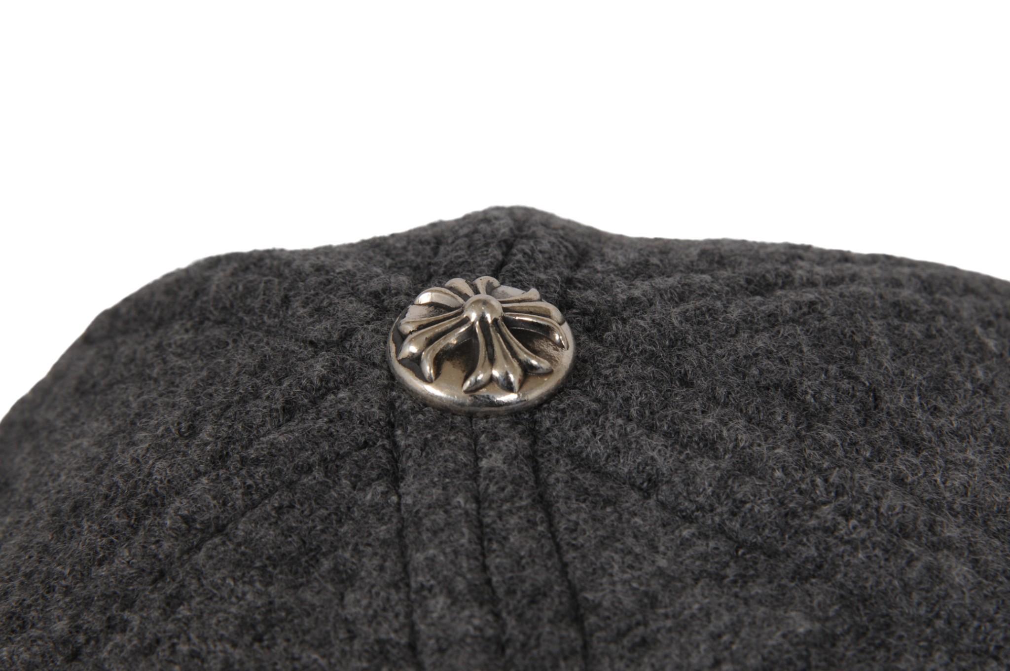 Chrome Hearts Herren sechs Panel CH Leder Logo Wolle Kappe grau Hut Limited Edition im Zustand „Neu“ im Angebot in North Miami, FL
