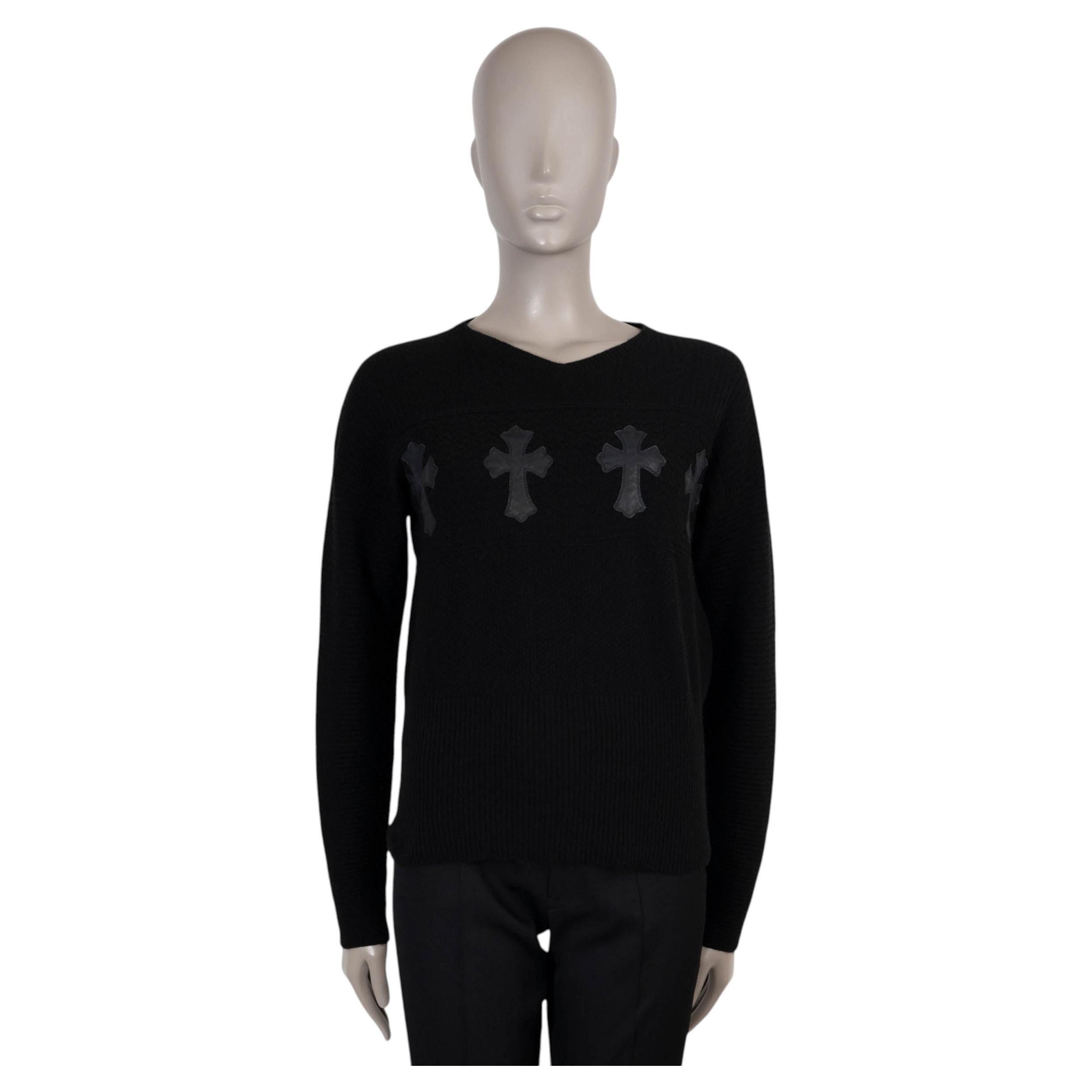 CHROME HEARTS navy blue cashmere LEATHER CROSS Sweater M For Sale
