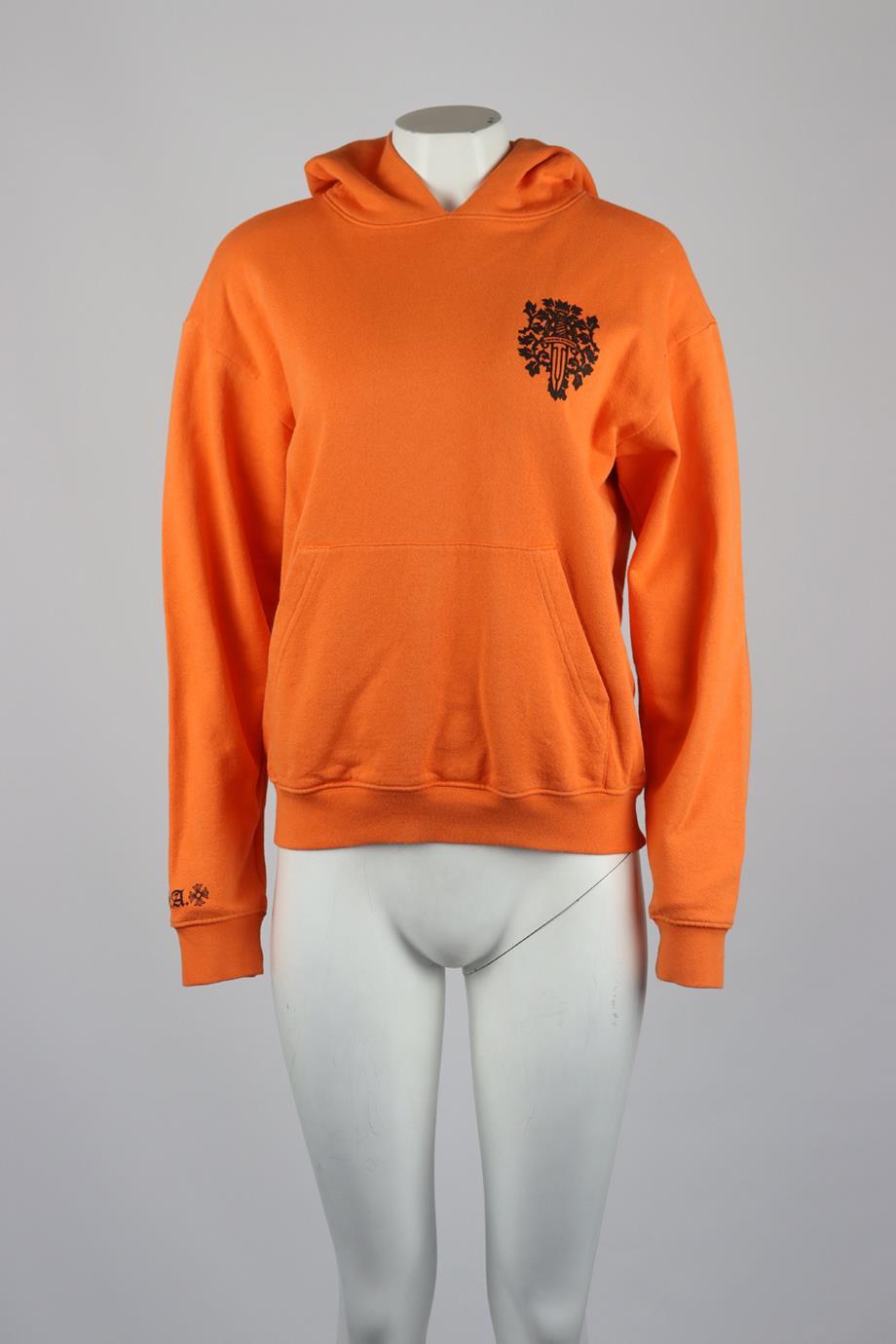 Chrome Hearts Printed Cotton Jersey Hoodie. Orange. Long Sleeve. Crewneck. Slips on. 100% Cotton. Size: Medium (UK 10, US 6, FR 38, IT 42). Bust: 40.6 In. Waist: 39.5 In. Hips: 36.8 In. Length: 23.1 In. Condition: Used. Very good condition - Light