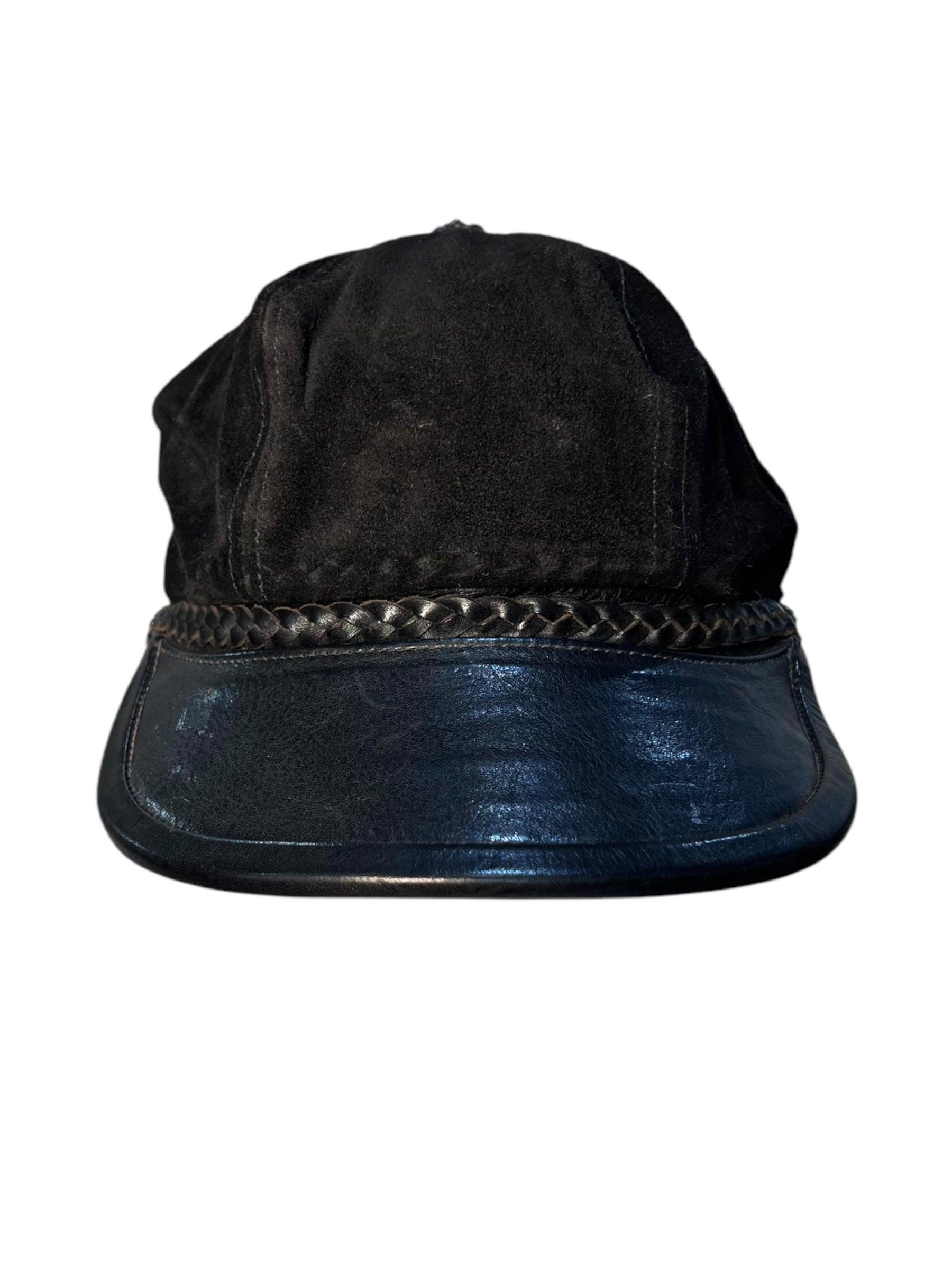 Black Chrome Hearts RARE Leather & Suede Fisherman Cap Sterling Silver, 1994 For Sale