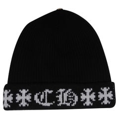 Chrome Hearts Ribbed Cross Logo Beanie Schwarz Weiß Kaschmir .925 Scroll Cross