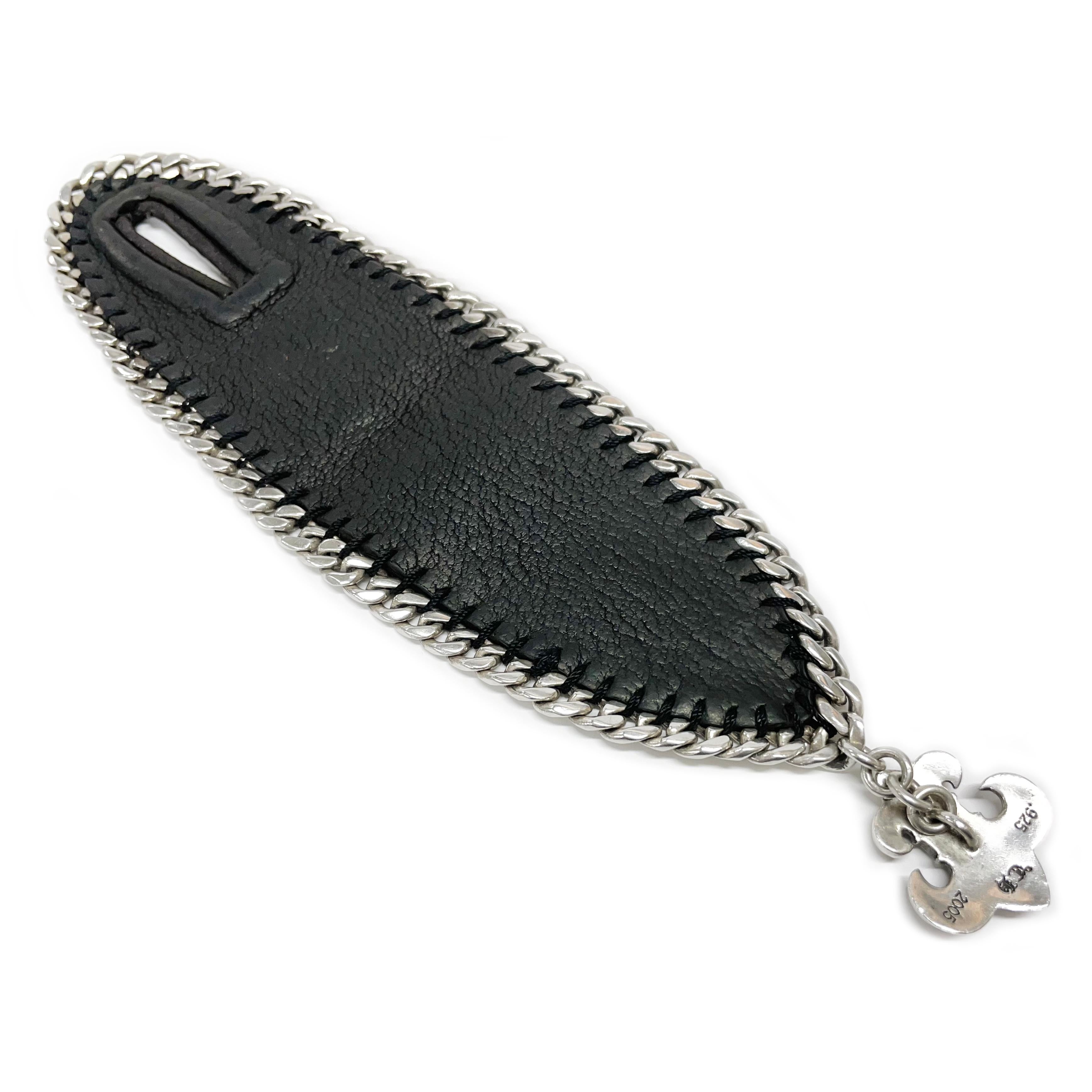 Retro Chrome Hearts Silver Fleur De Lis Leather Bracelet For Sale