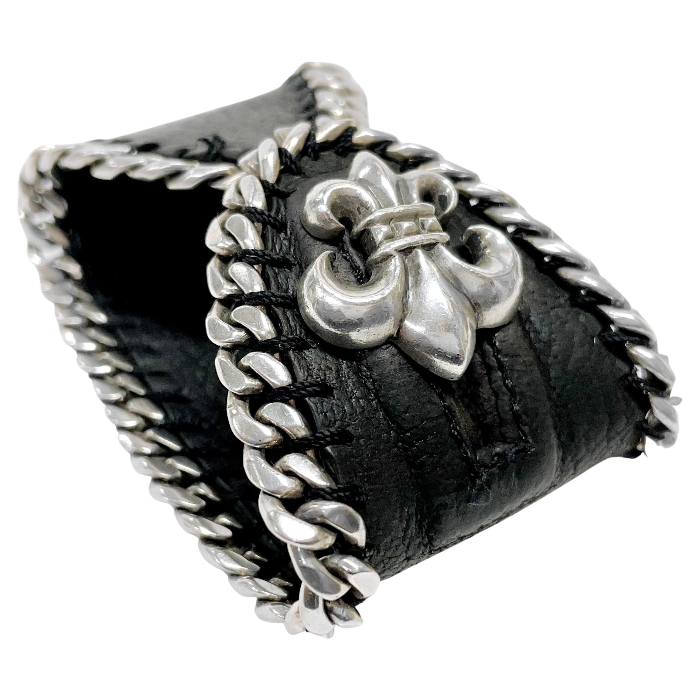 Chrome Hearts Silver Fleur De Lis Leather Bracelet