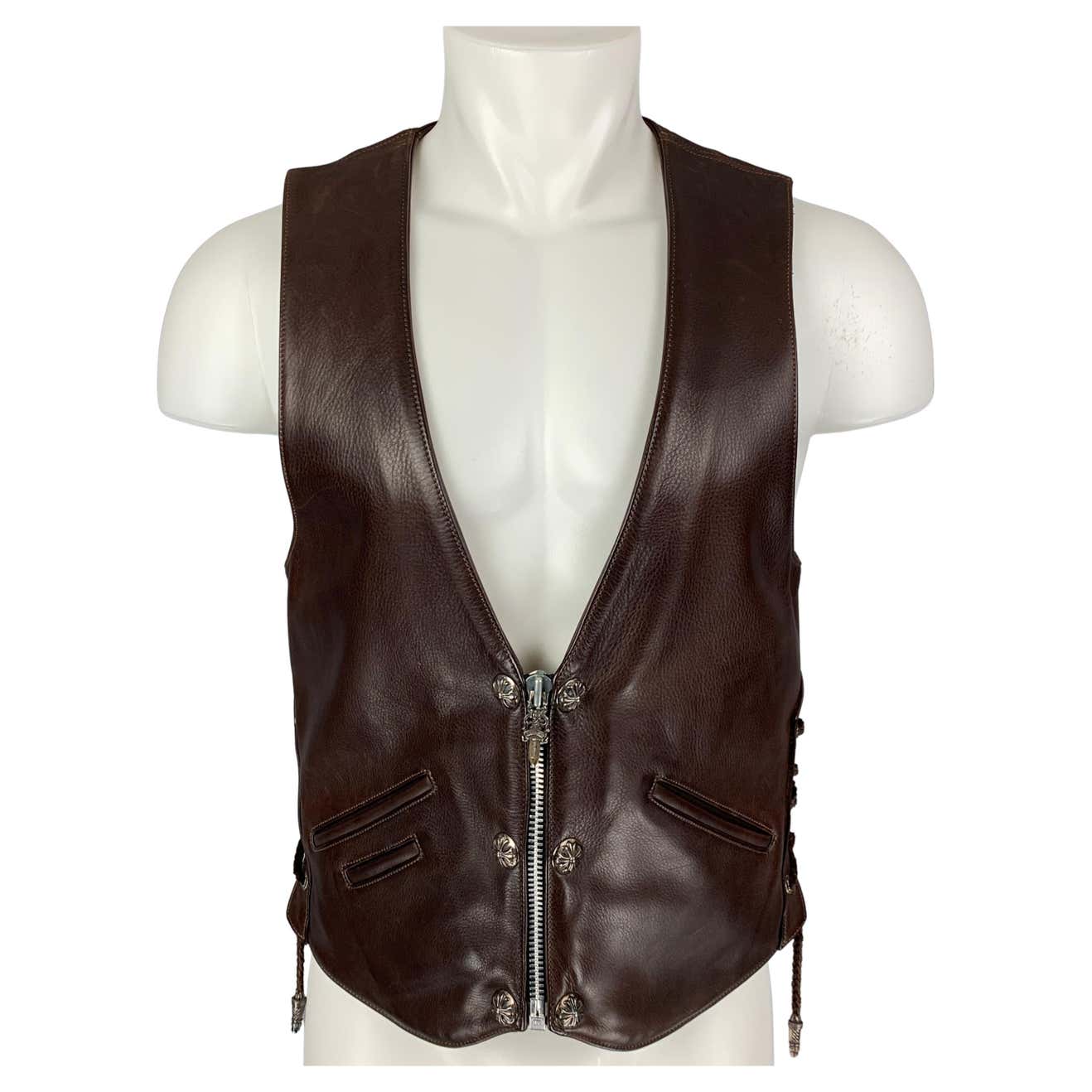 1stdibs.com | CHROME HEARTS Size L Brown Leather Dagger Zip Up Vest