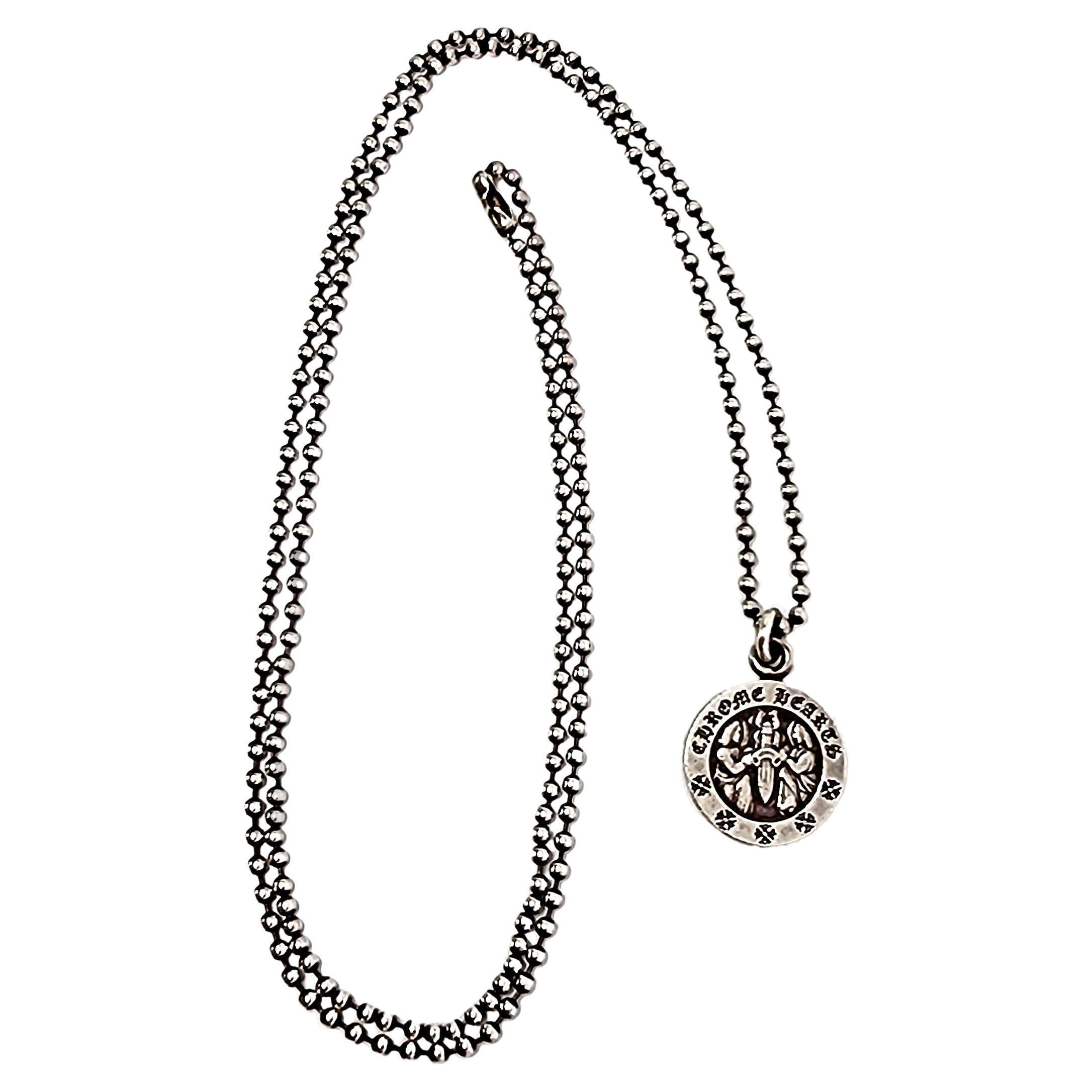 Chrome Hearts Sterling Silver Angel Dagger Medallion Bead Chain Necklace