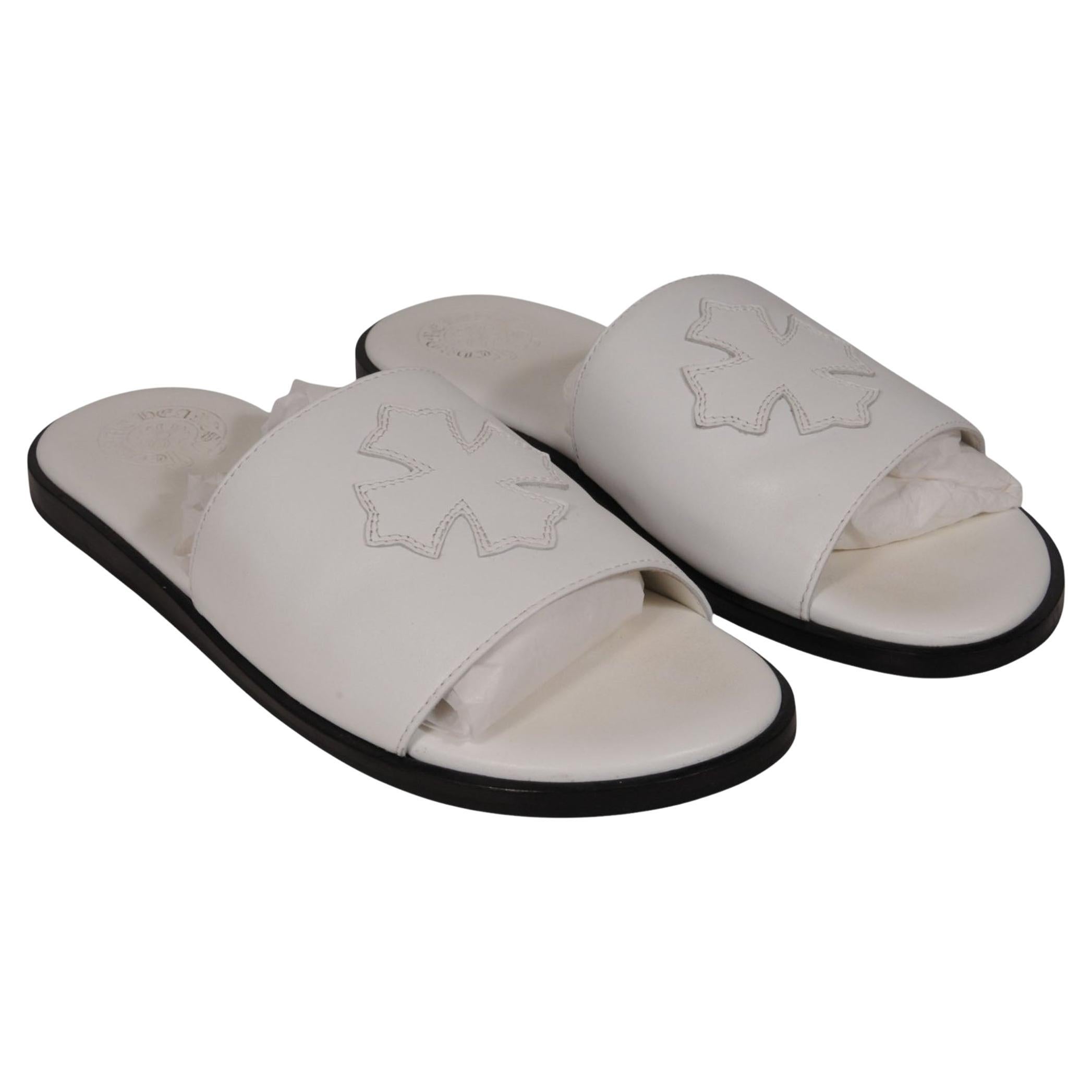 Chrome Hearts Womens Pelle Cross Patch Slides IT 41 US 11 White Leather Sandal in vendita