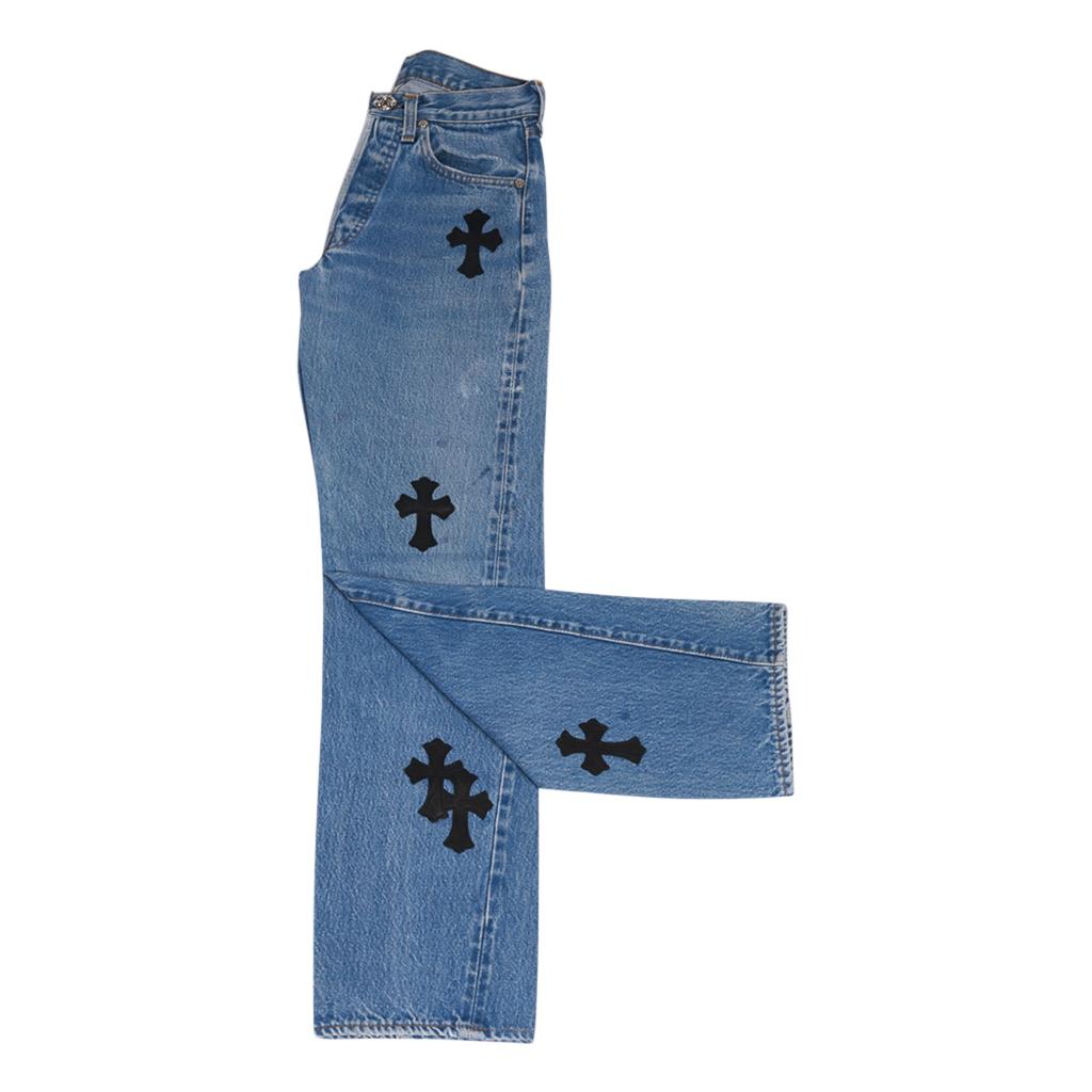 Chrome Hearts x Levi Strauss Jean Leather Crosses Sterling Silver Button Fly 25 In Excellent Condition In Miami, FL