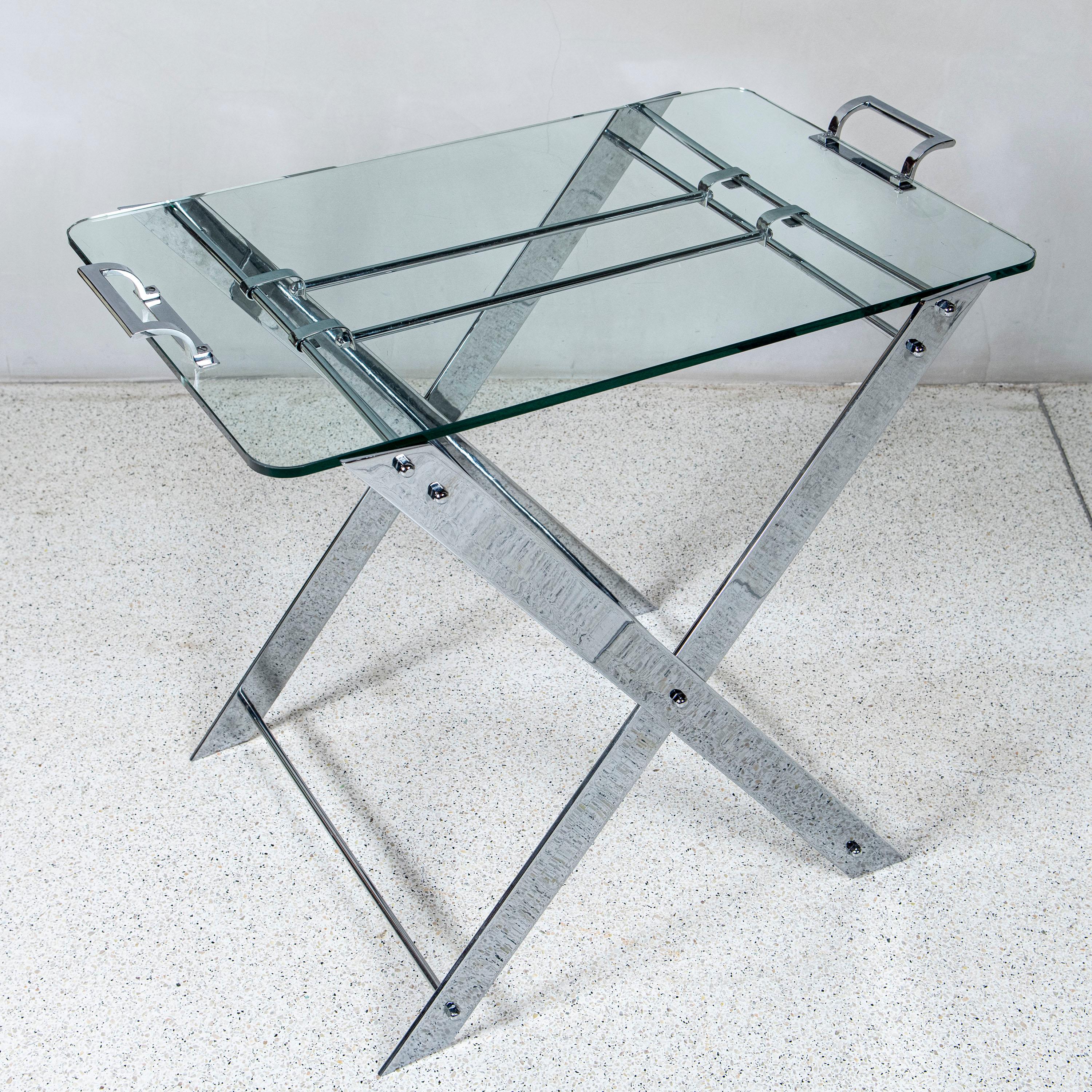 French Chrome Iron and Glass Serving Tray Table, France, Mid-20th Century For Sale