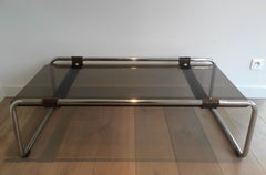 Table basse en chrome, cuir et verre fumé