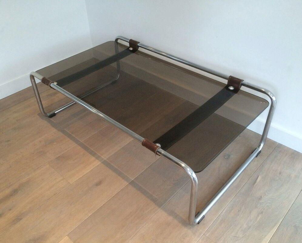 Mesa baja de cromo, cuero y cristal ahumado Cuero en venta