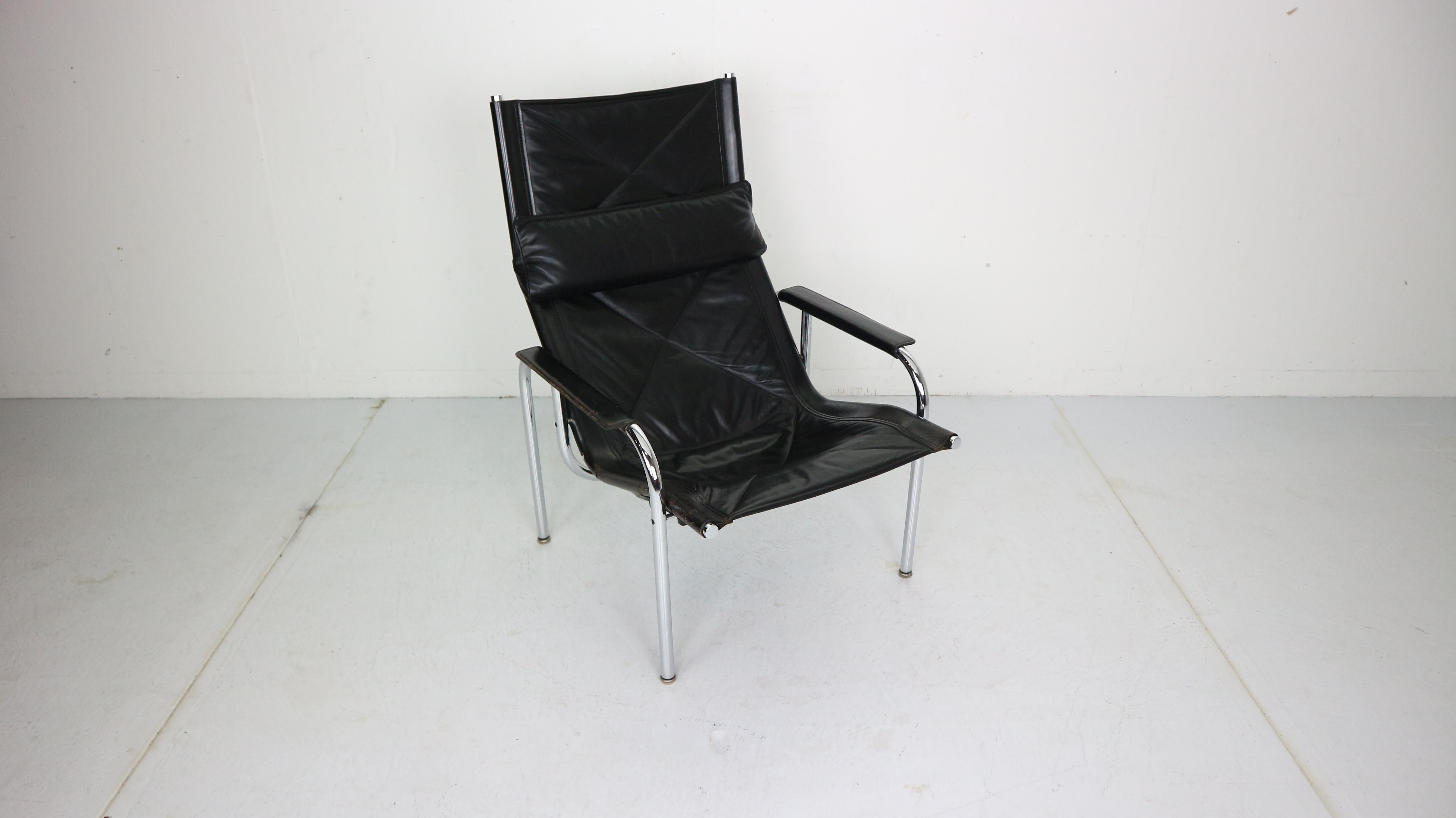 Mid-Century Modern Chrome & Leather Easy Chair by Hans Eichenberger for Strassle, 1978 Switzerland 