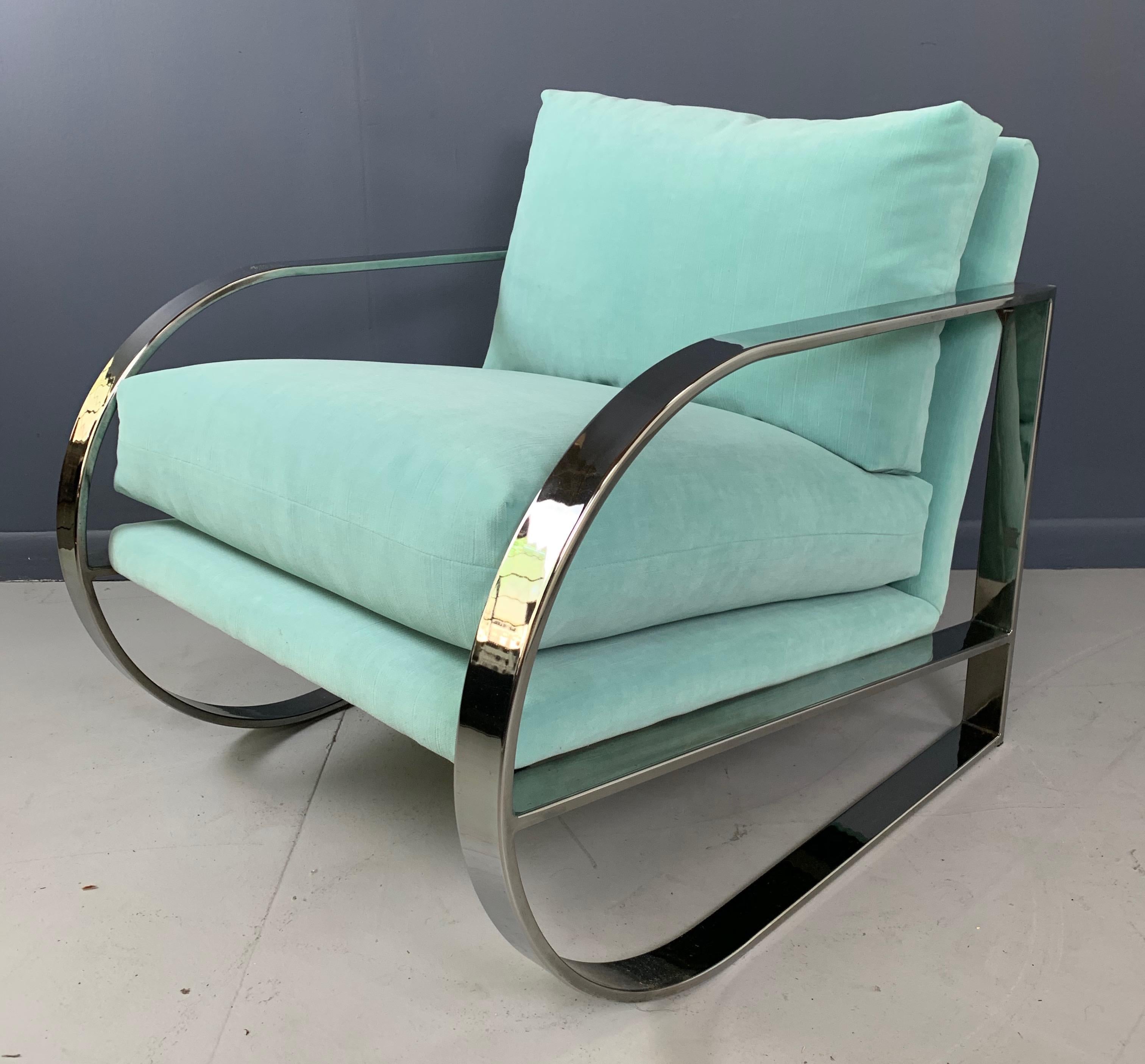 Geometric form lounge chairs designed by John Mascheroni for Swaim originals. Cantilevered chairs featuring flat banded chrome frames, newly upholstered in lovely velvet.