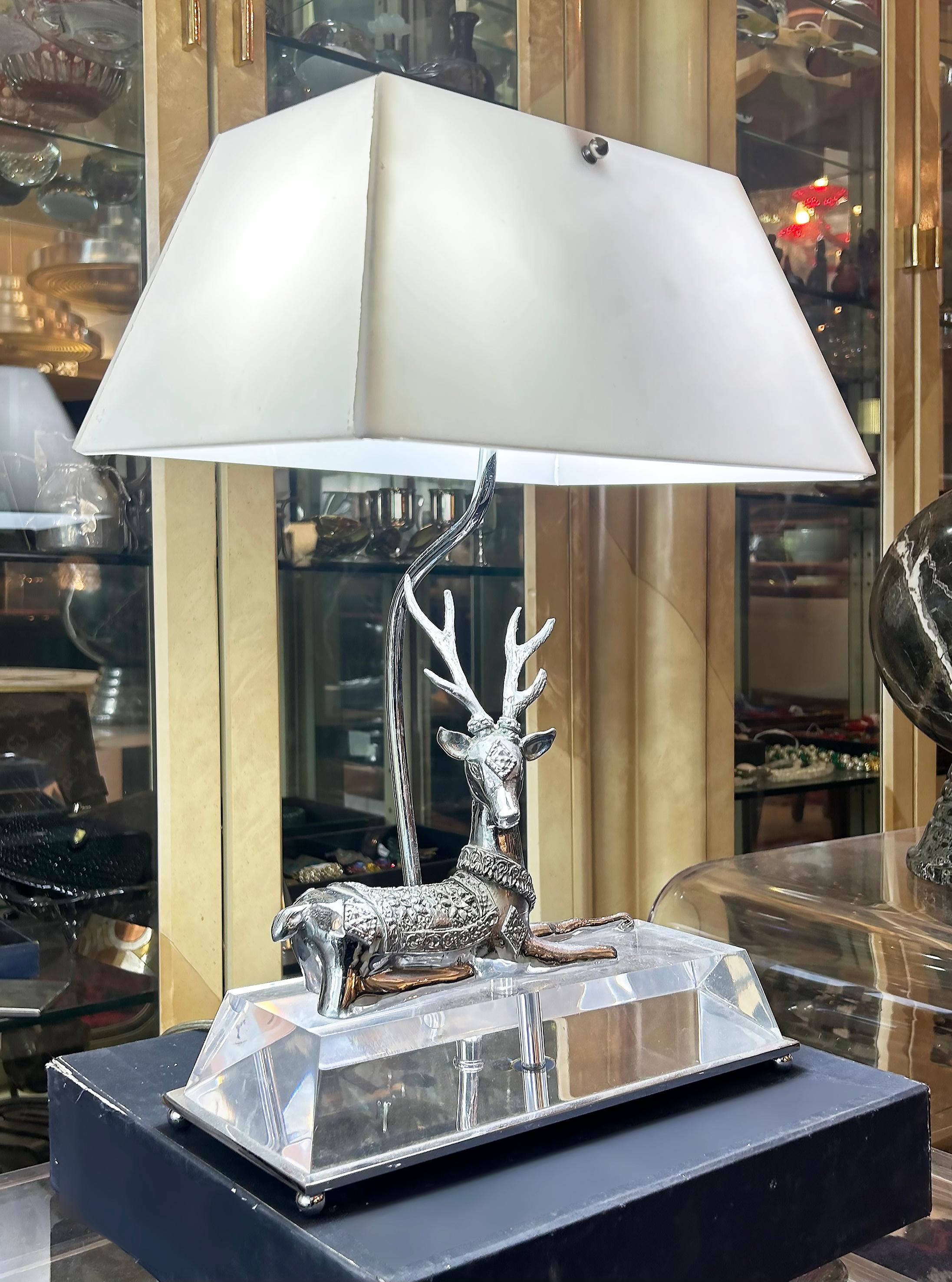 American Chrome, Lucite, Acrylic Stag Table Lamp, Maitland Smith Attributed For Sale