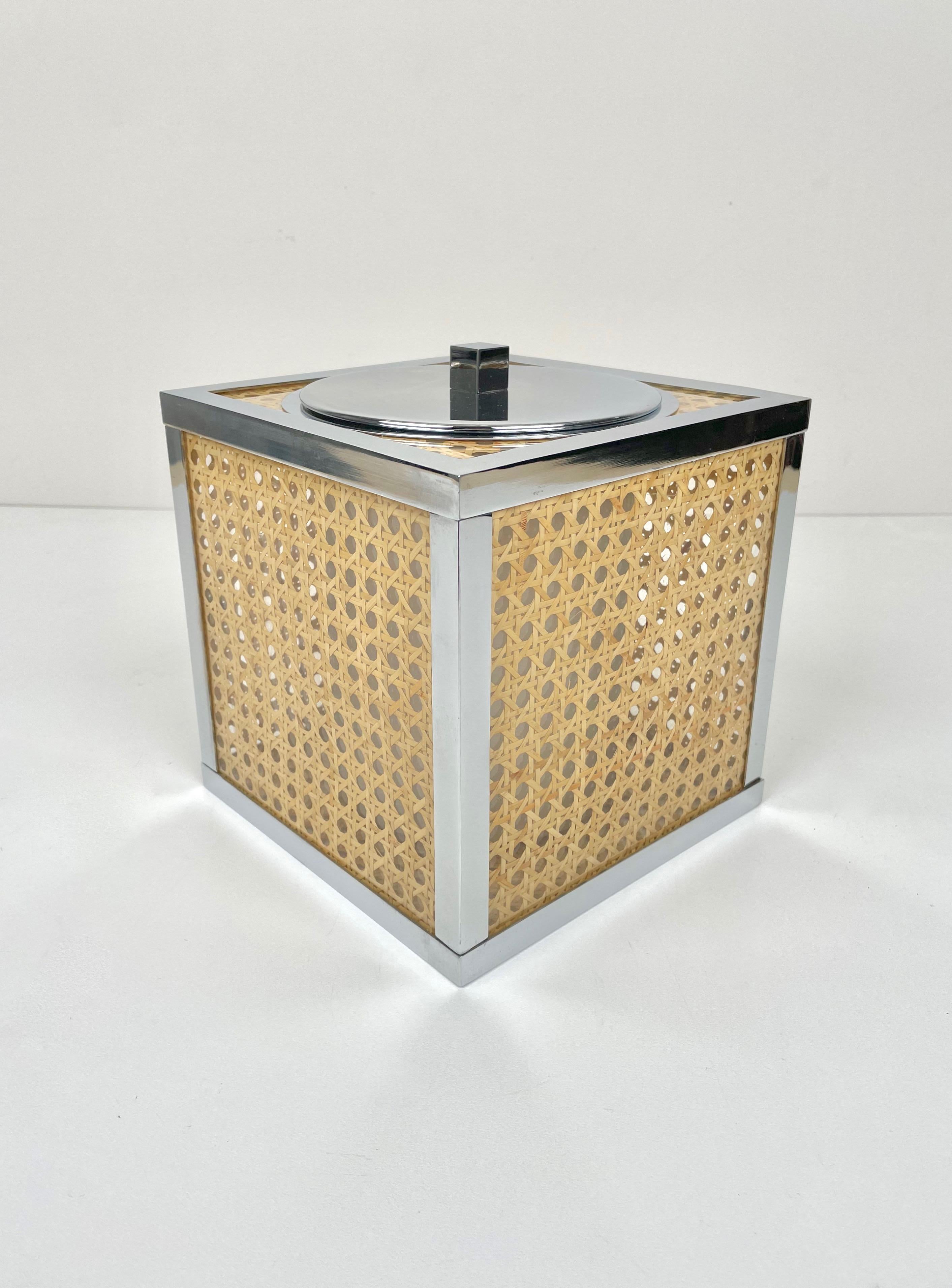 Mid-Century Modern Chrome Lucite Wicker Rattan Barware Ice Bucket Christian Dior Style France 1970s For Sale