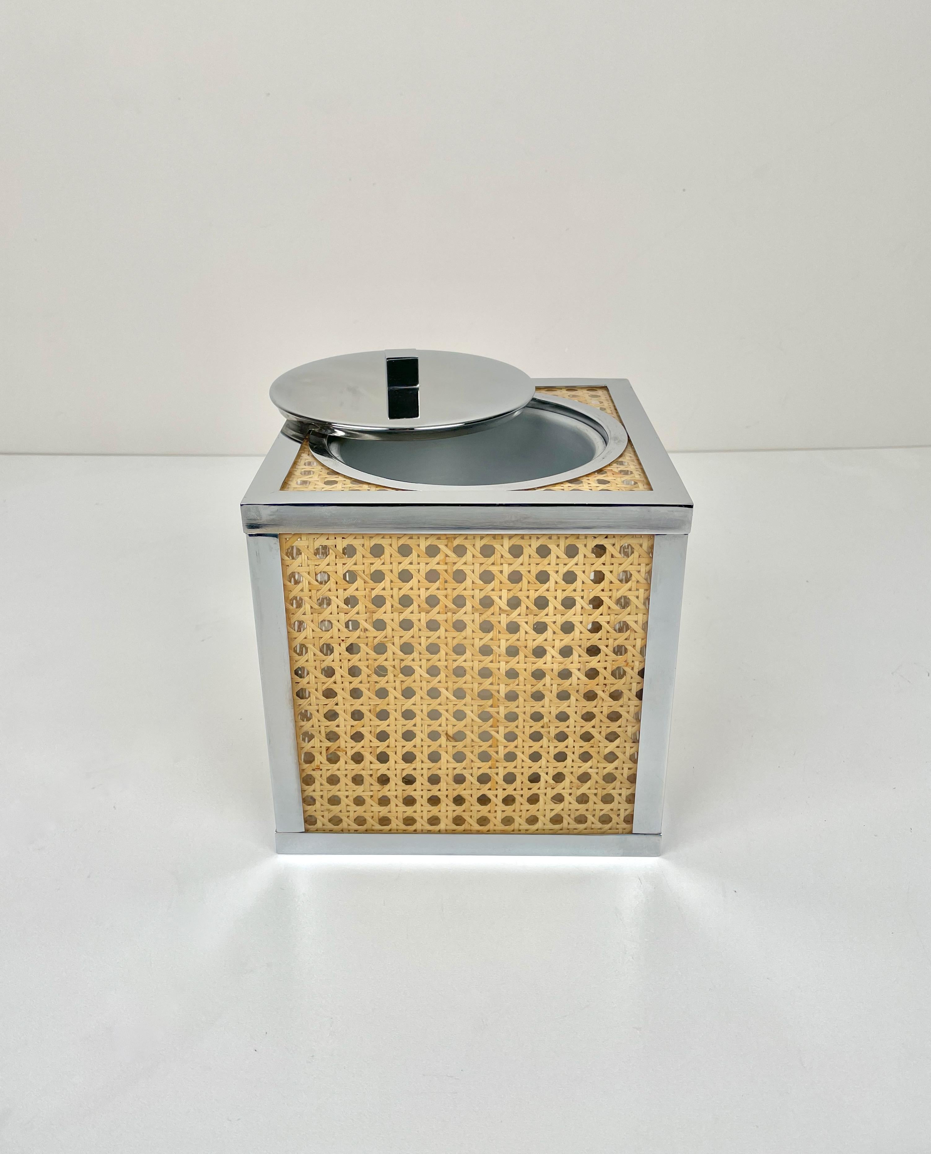 French Chrome Lucite Wicker Rattan Barware Ice Bucket Christian Dior Style France 1970s For Sale