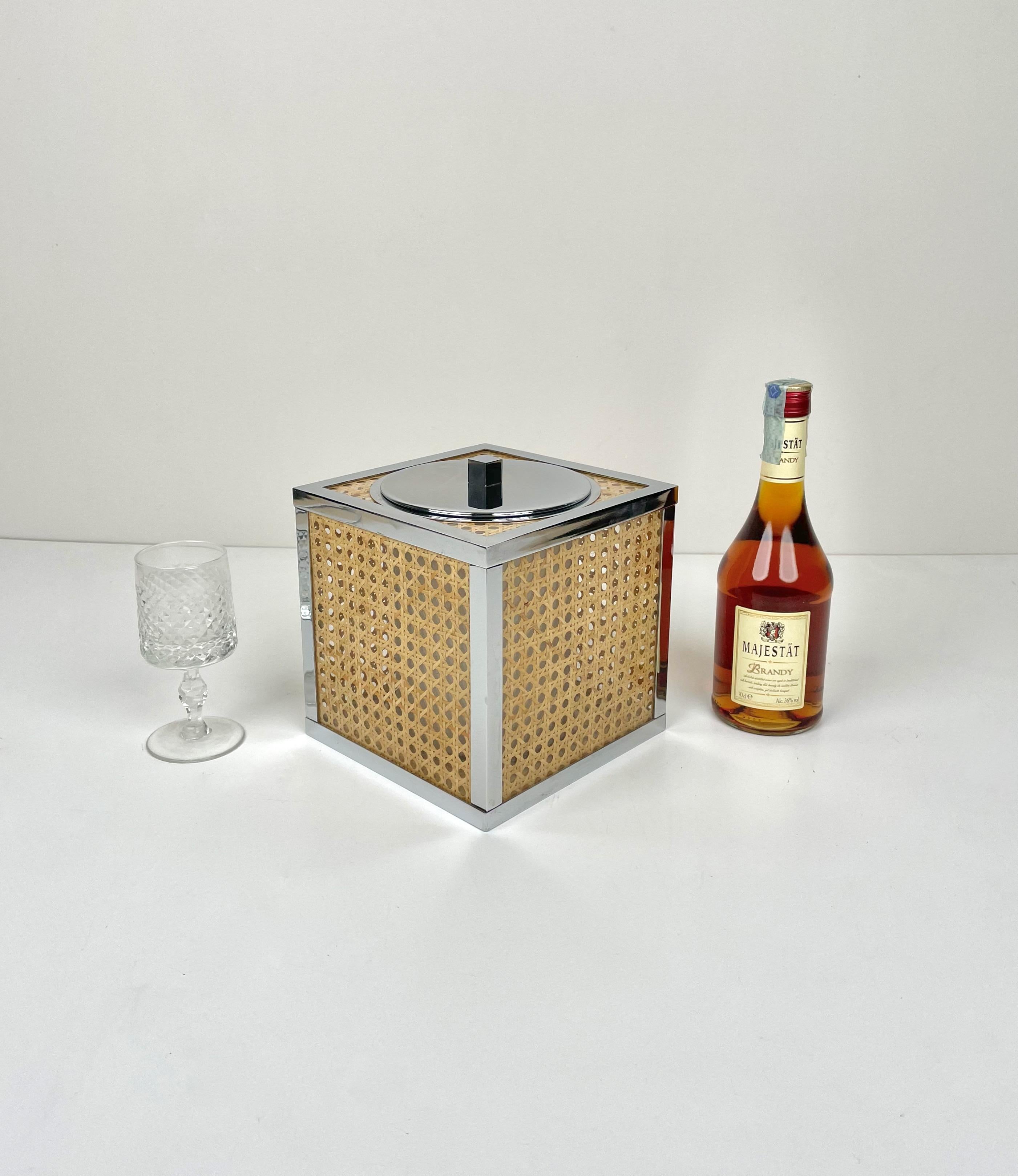 Late 20th Century Chrome Lucite Wicker Rattan Barware Ice Bucket Christian Dior Style France 1970s For Sale