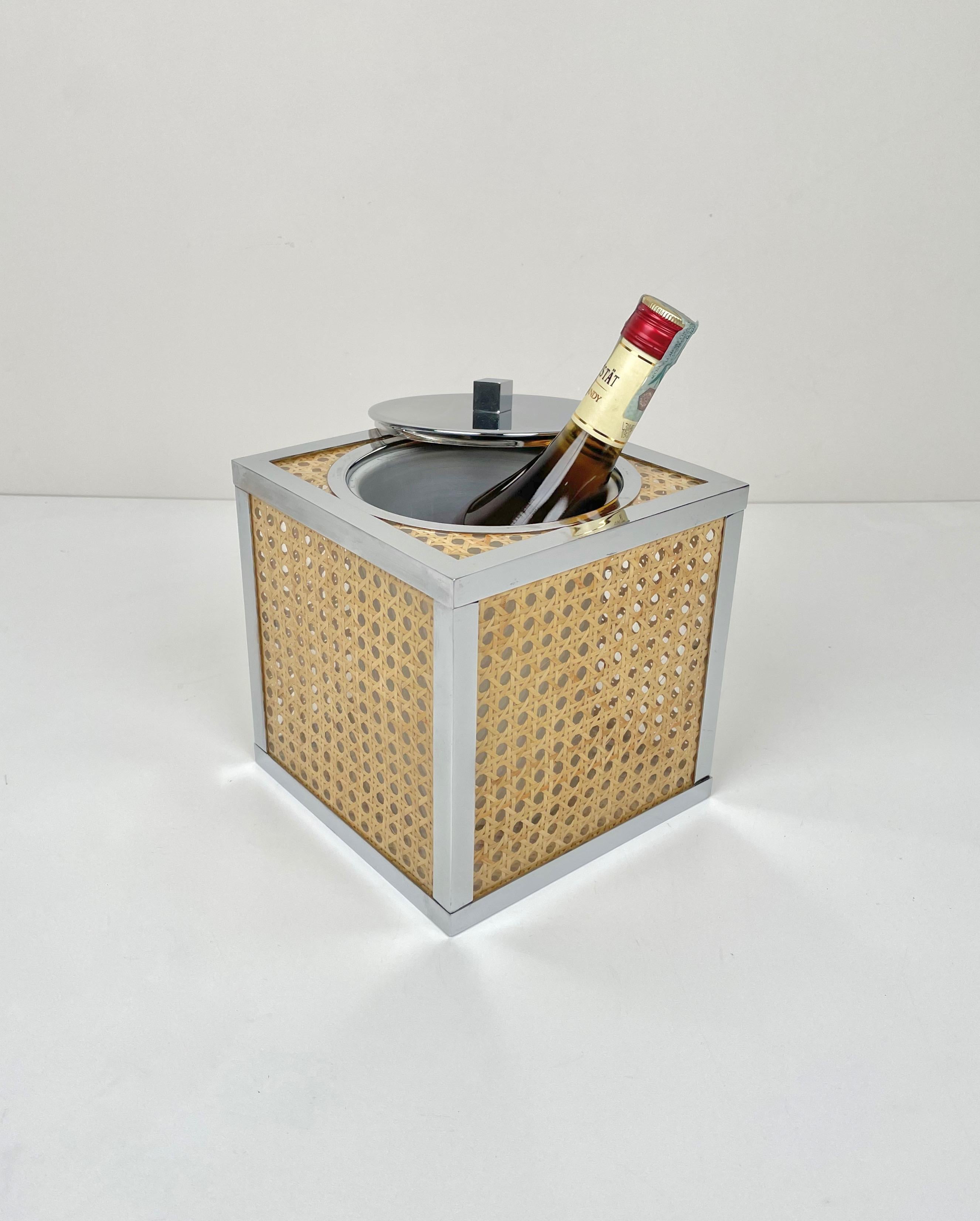 Metal Chrome Lucite Wicker Rattan Barware Ice Bucket Christian Dior Style France 1970s For Sale