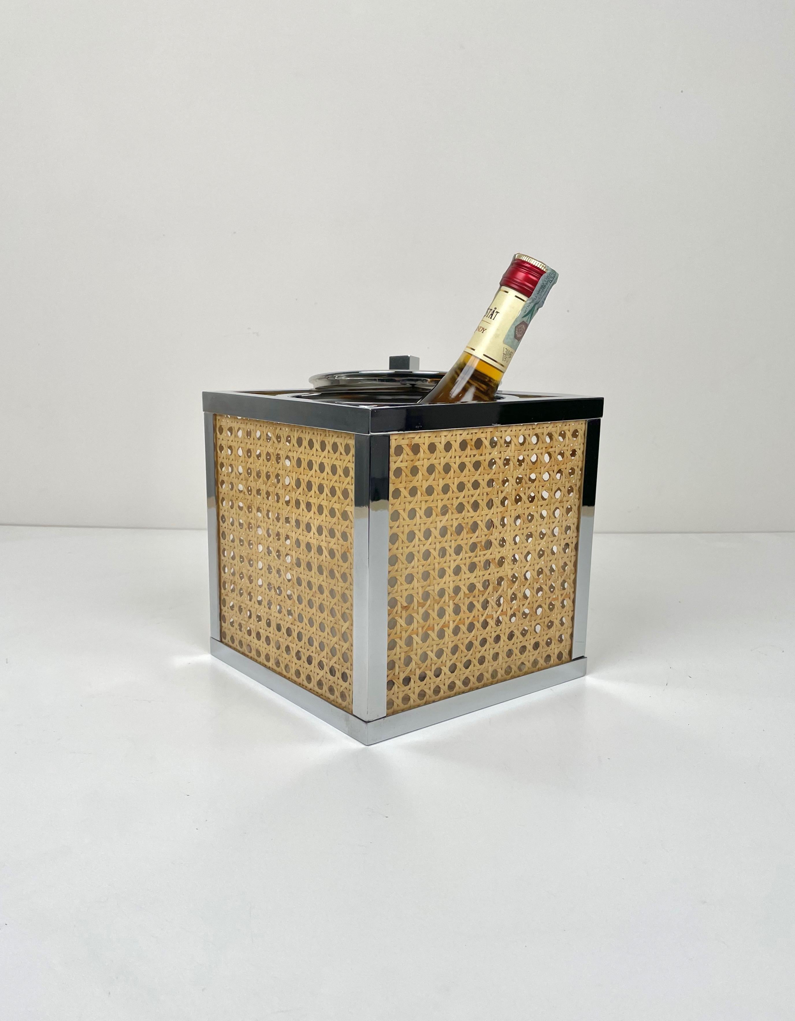 Chrome Lucite Wicker Rattan Barware Ice Bucket Christian Dior Style France 1970s For Sale 1