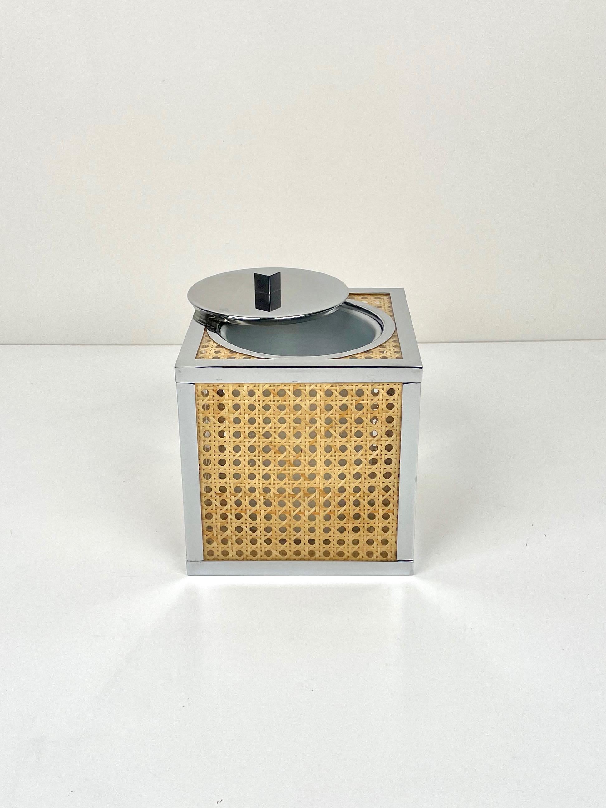Chrome Lucite Wicker Rattan Barware Ice Bucket Christian Dior Style France 1970s For Sale 2