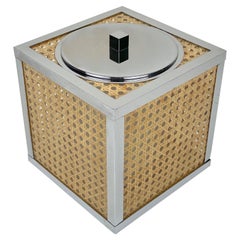 Chrome Lucite Wicker Rattan Barware Ice Bucket Christian Dior Style France 1970s