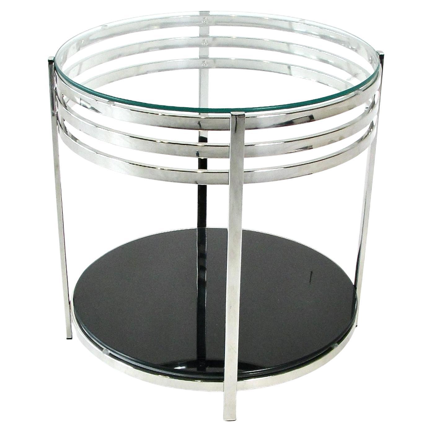 Tavolino rotondo in stile Machin cromato con piano in vetro in vendita