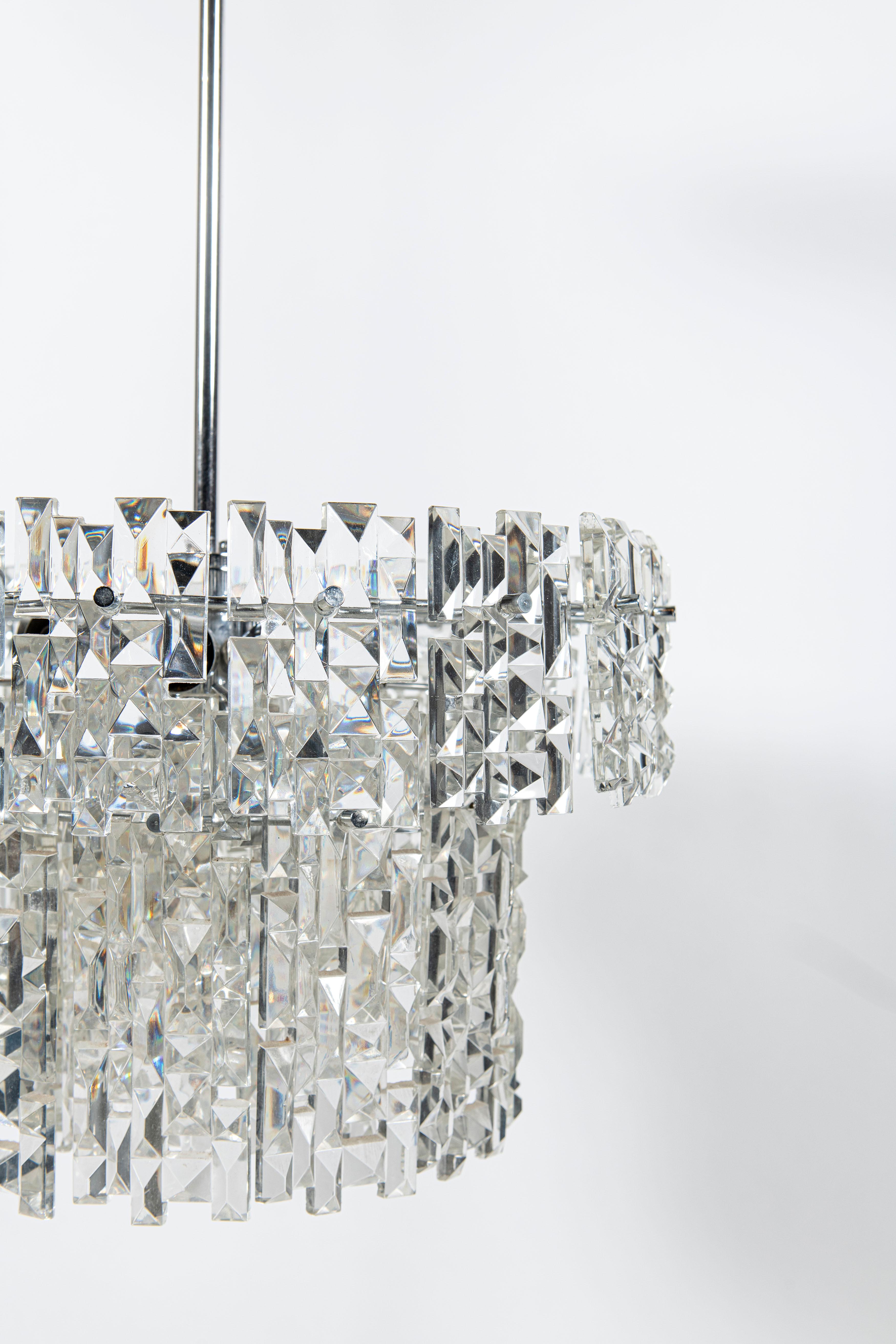 Mid-Century Modern Chrome Metal and Crystal Glass Chandelier, Austria, circa 1960 For Sale