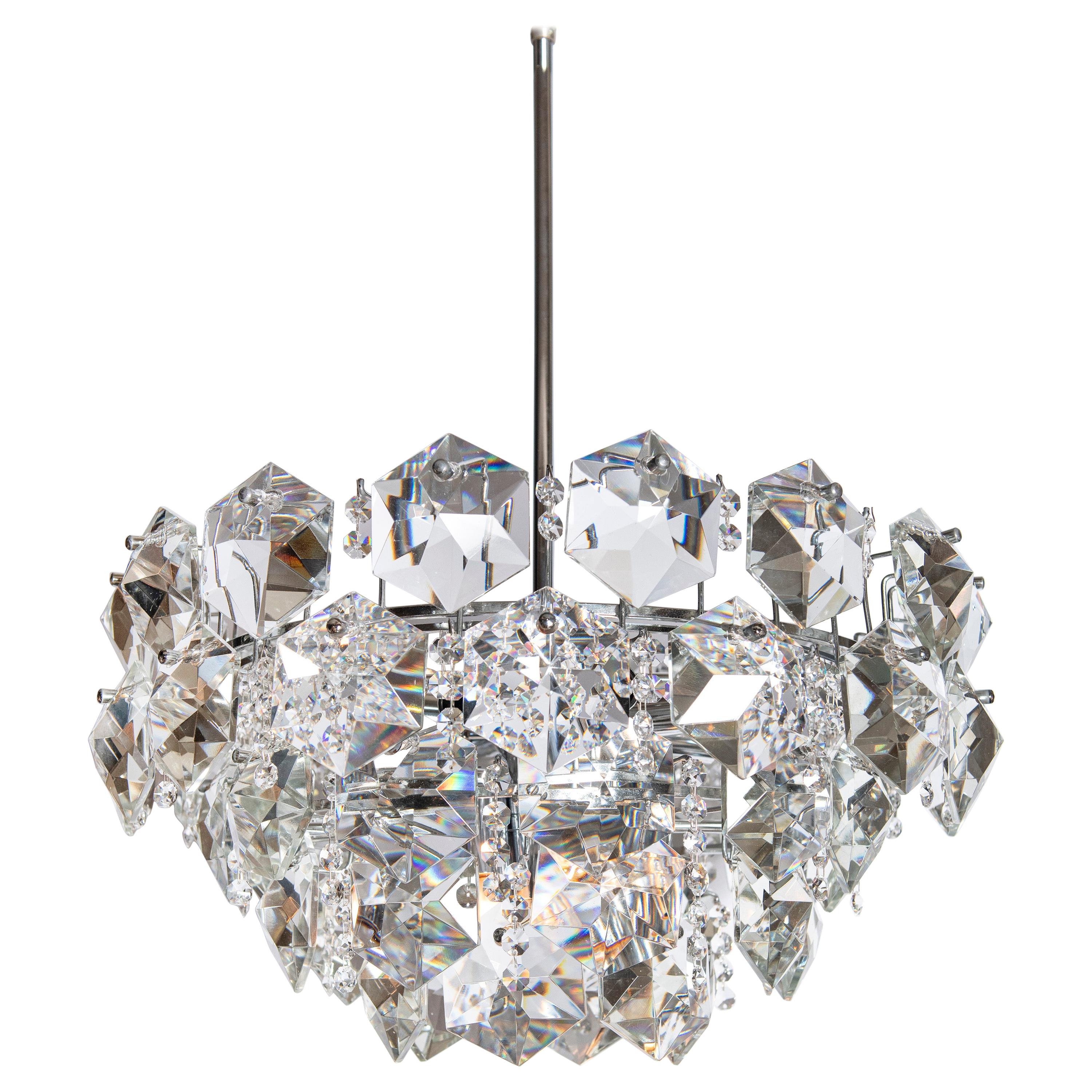 Chrome Metal and Crystal Glass Chandelier by Bakalowits & Söhne, Austria, 1960
