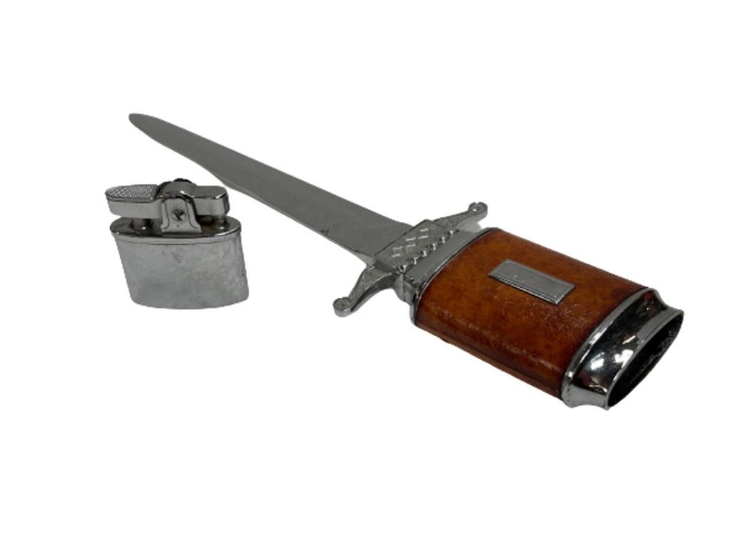 American Chrome Midcentury Leather Wrapped Letter Opener Lighter For Sale
