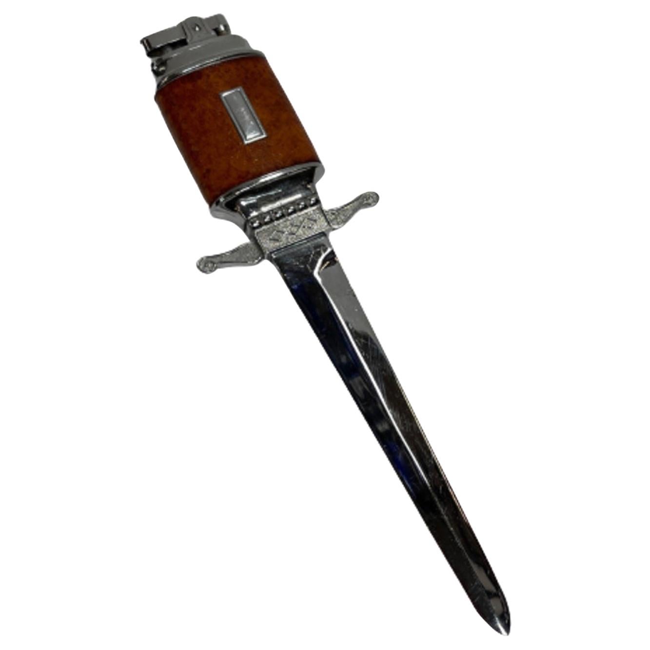 Chrome Midcentury Leather Wrapped Letter Opener Lighter For Sale