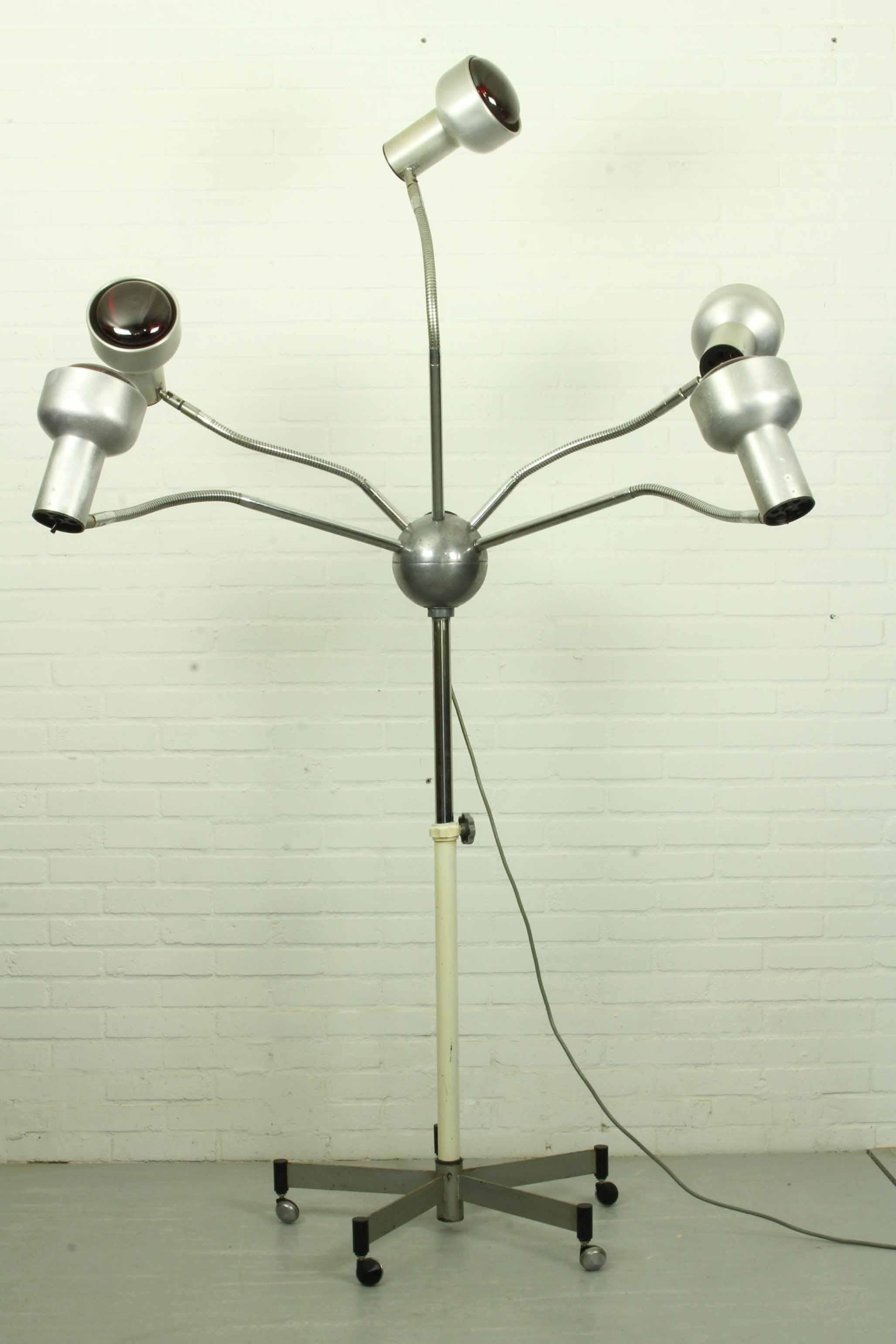 Dutch Chrome Mid Century Modern Adjustable Five-Arm Lamp on Wheel Base For Sale