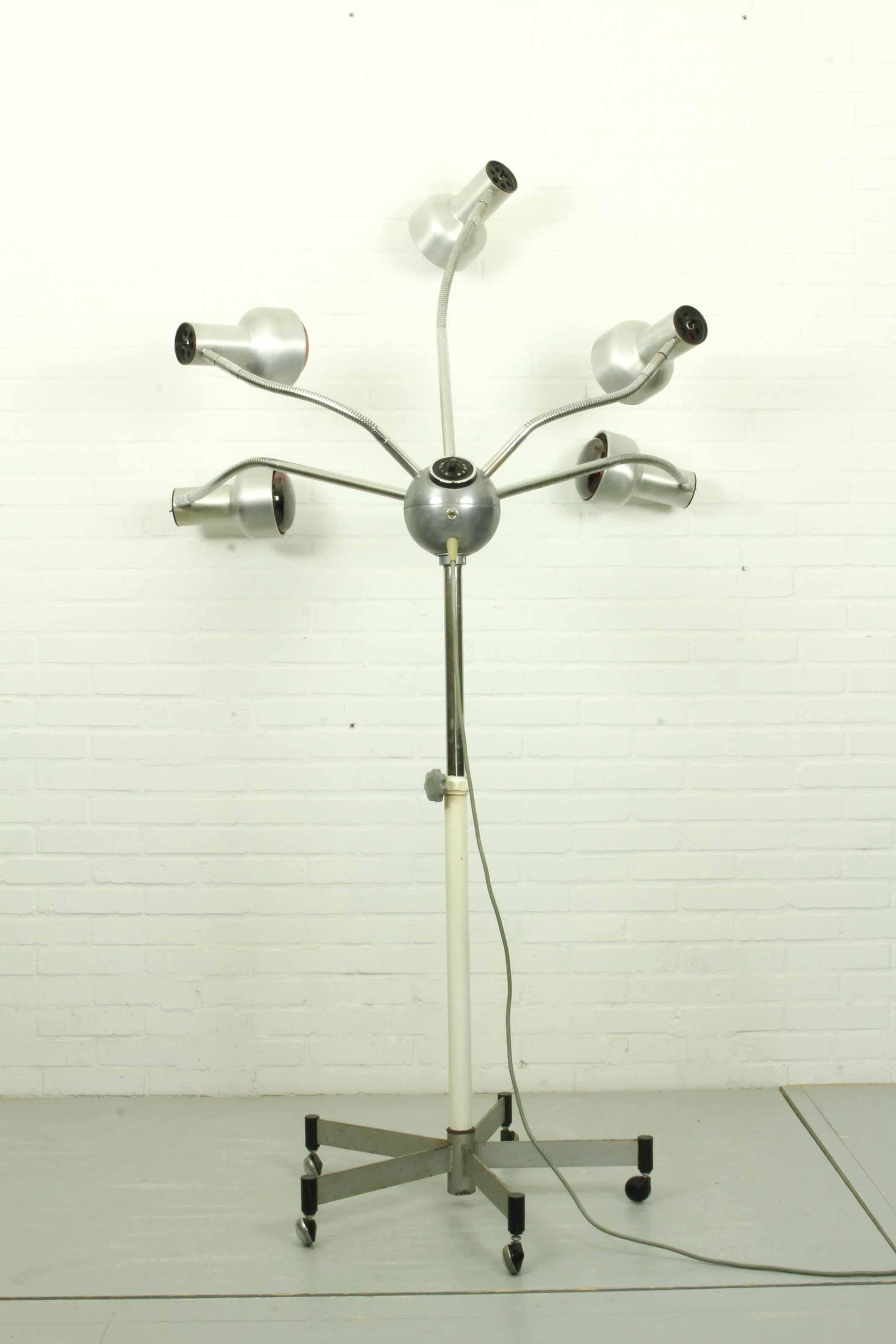 Plated Chrome Mid Century Modern Adjustable Five-Arm Lamp on Wheel Base For Sale