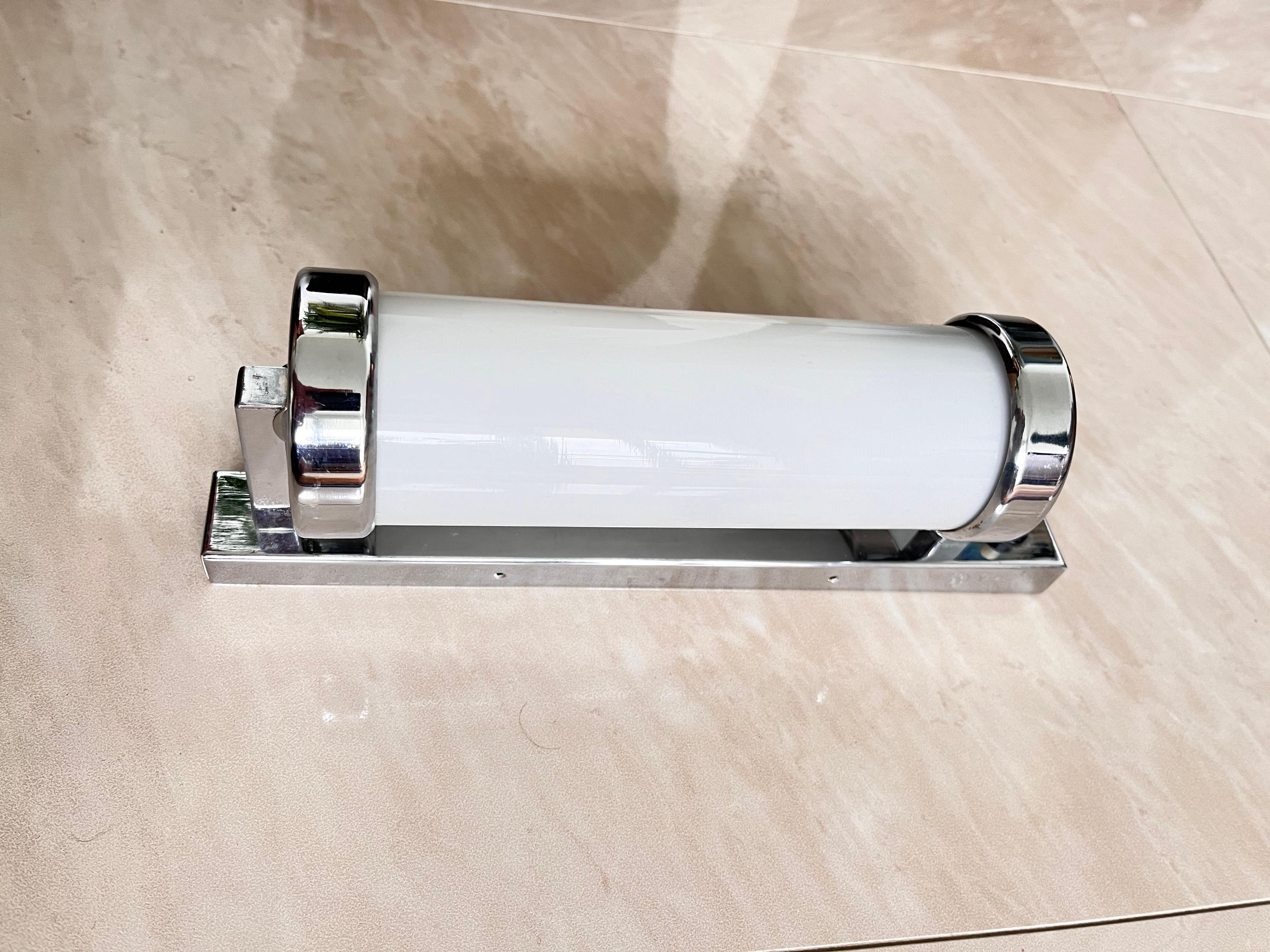 Chrome milk glass  Bauhaus / Functionalist Wall Lamp - 1930s In Good Condition For Sale In Praha, CZ