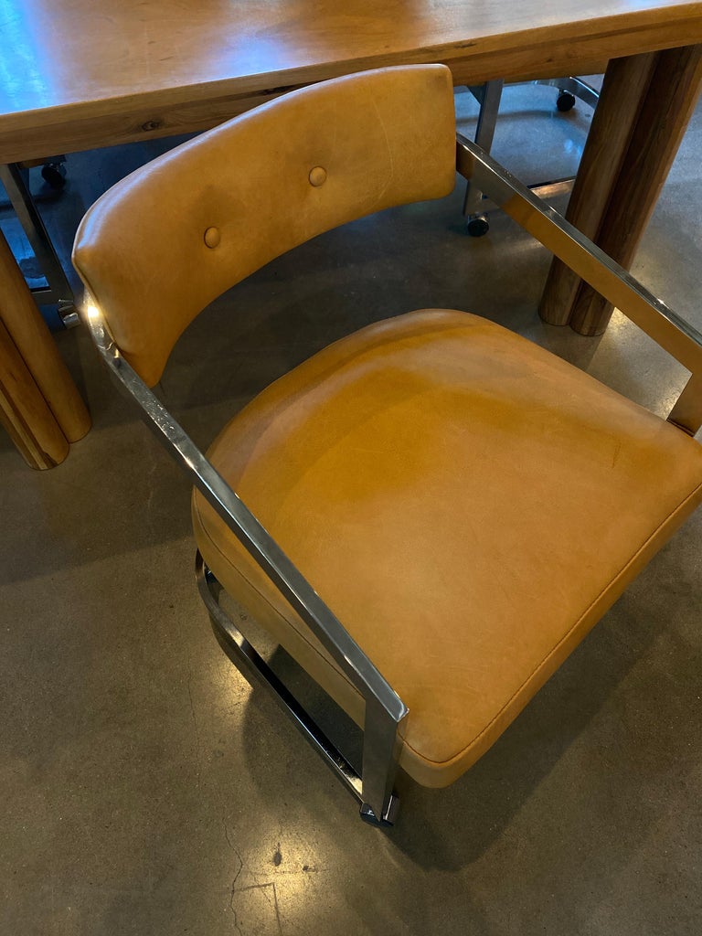 Chrome Milo Baughman Rolling Chairs in Camel Colored ...