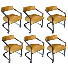 Chrome Rolling Chairs in Camel Colored Leather, Set of 6