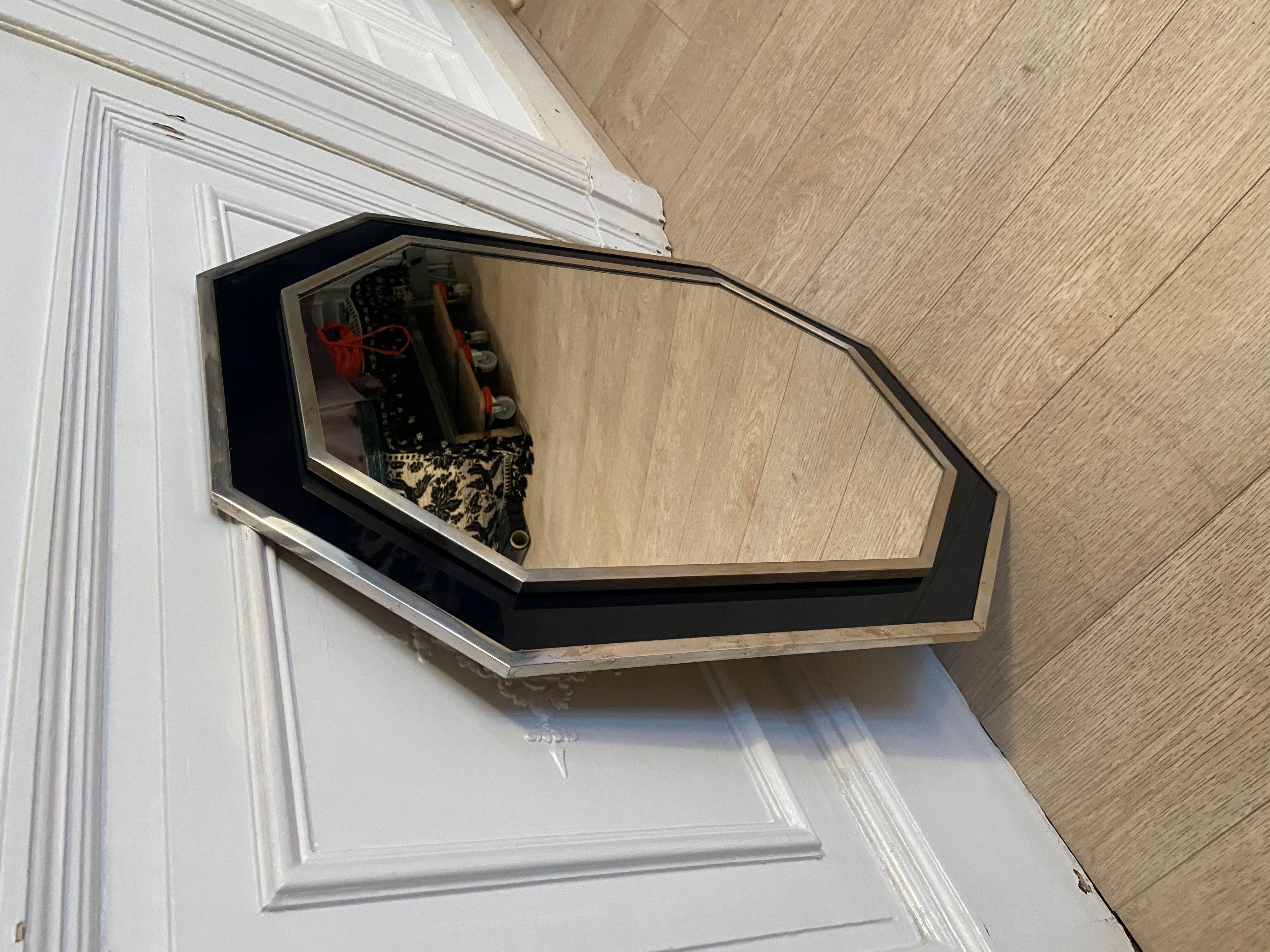 European Chrome Mirror and Blue Lacquer, 1970s For Sale