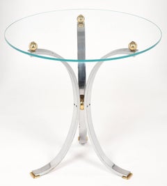 French Modernist Chrome Side Table, Brass Feet, Glass Top, 1970