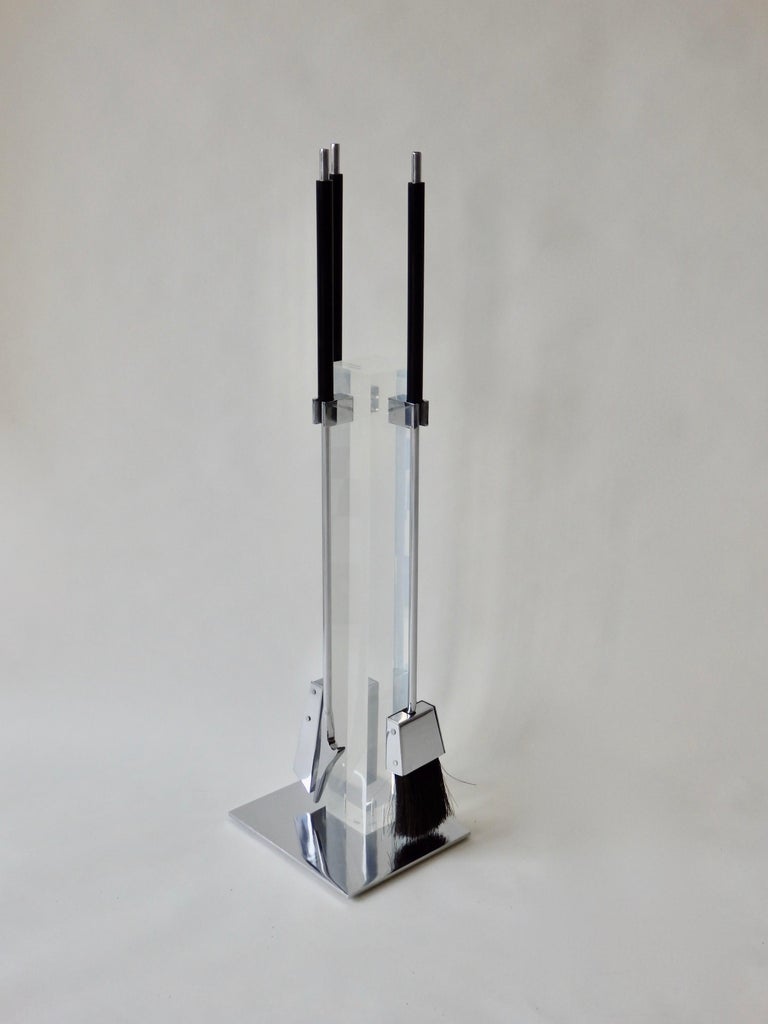 Mid-Century Modern Chrome Mounted Lucite with Chrome Fireplace Tools by Alessandro Albrizzi For Sale
