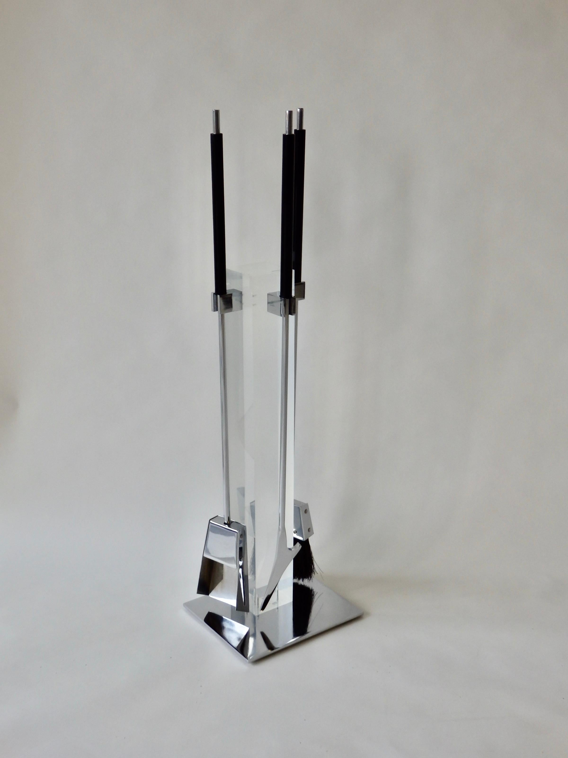 American Chrome Mounted Lucite with Chrome Fireplace Tools by Alessandro Albrizzi