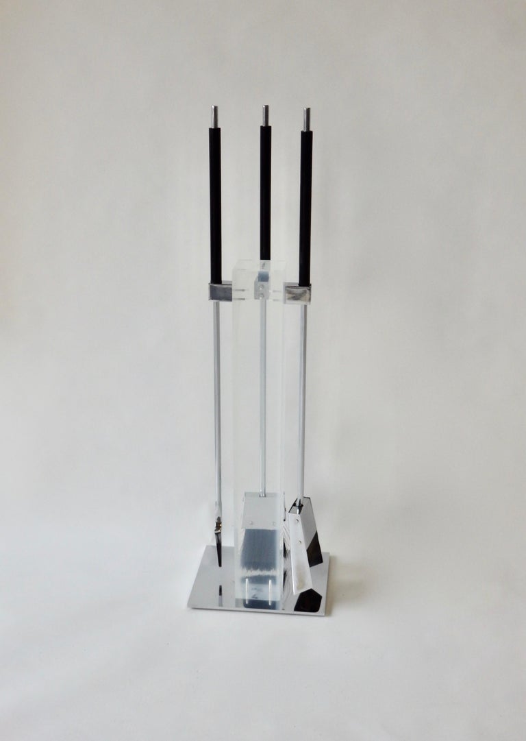 Chrome Mounted Lucite with Chrome Fireplace Tools by Alessandro Albrizzi In Good Condition For Sale In Ferndale, MI