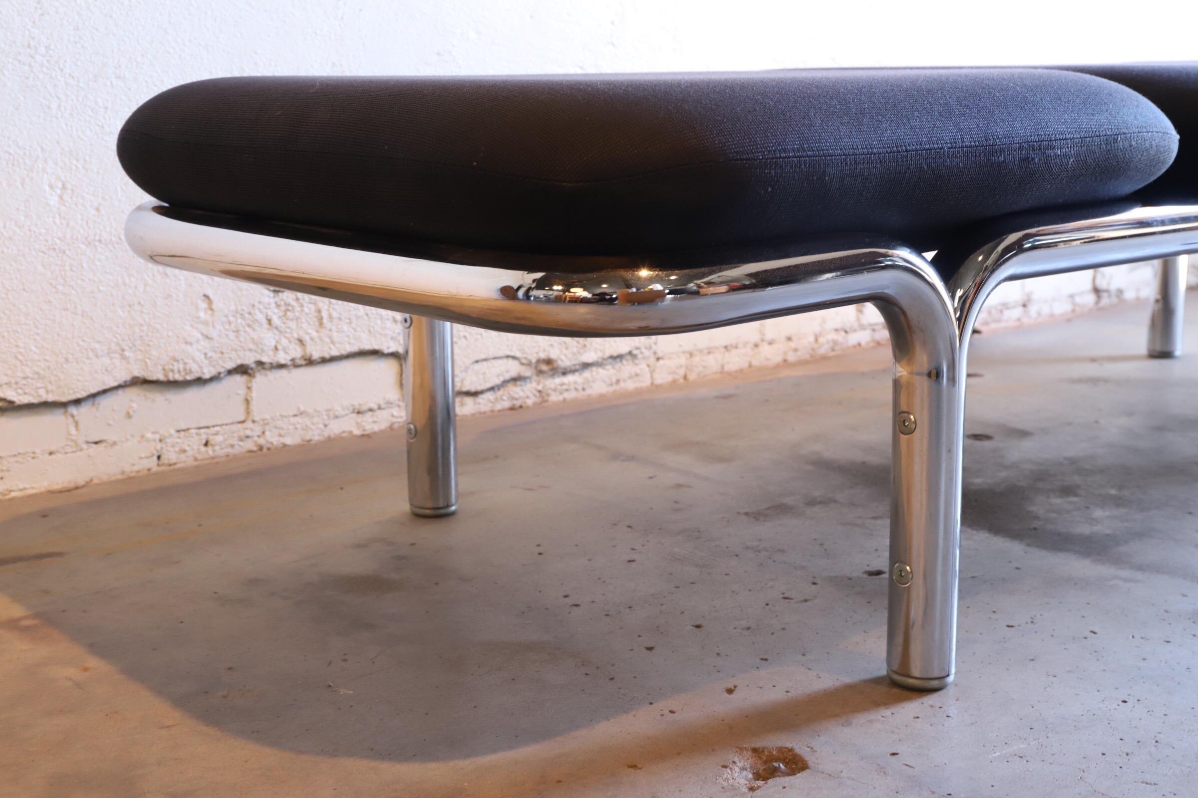 Stunning three seat bench with chrome tubular base designed by Brian Kane for Metropolitan Furniture. Bench retains all original labeling and original Knoll fabric 