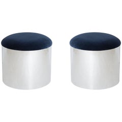 Chrome "Mushroom" Poufs in Navy Velvet, Pair