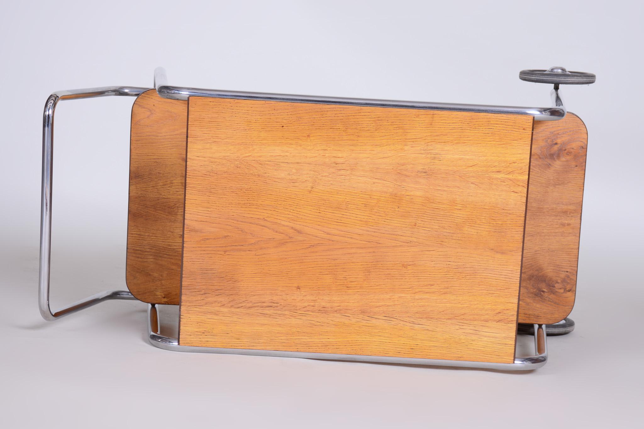 Chrome Oak Bauhaus Trolley, Completely Restored, Halabala, UP Zavody, 1930s For Sale 7