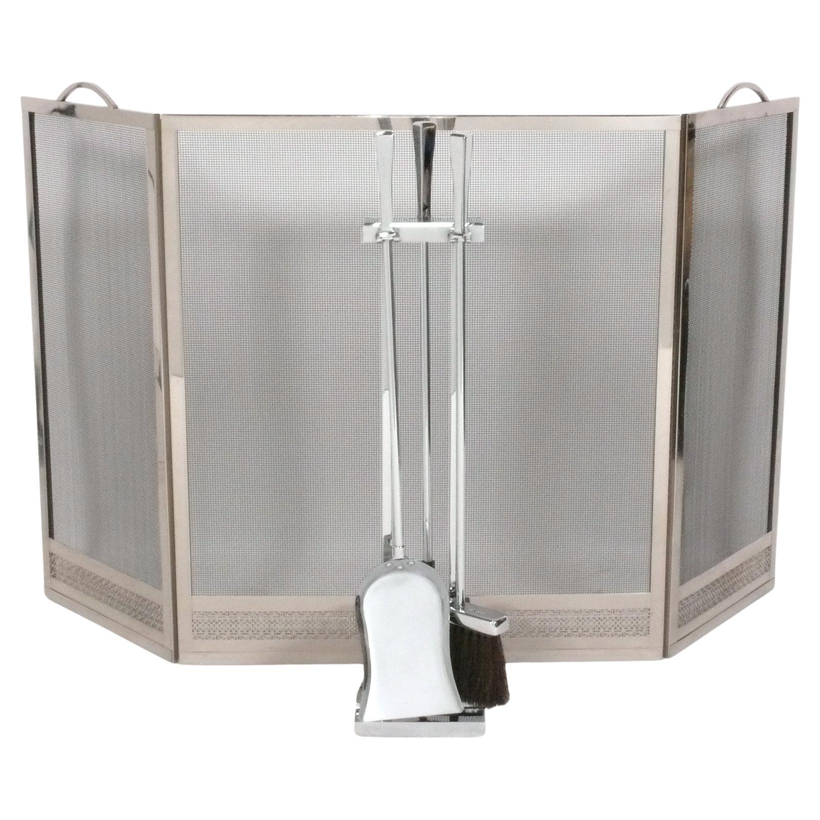 Chrome or Nickel Fire Tools and Fire Screen Mid Century Modern
