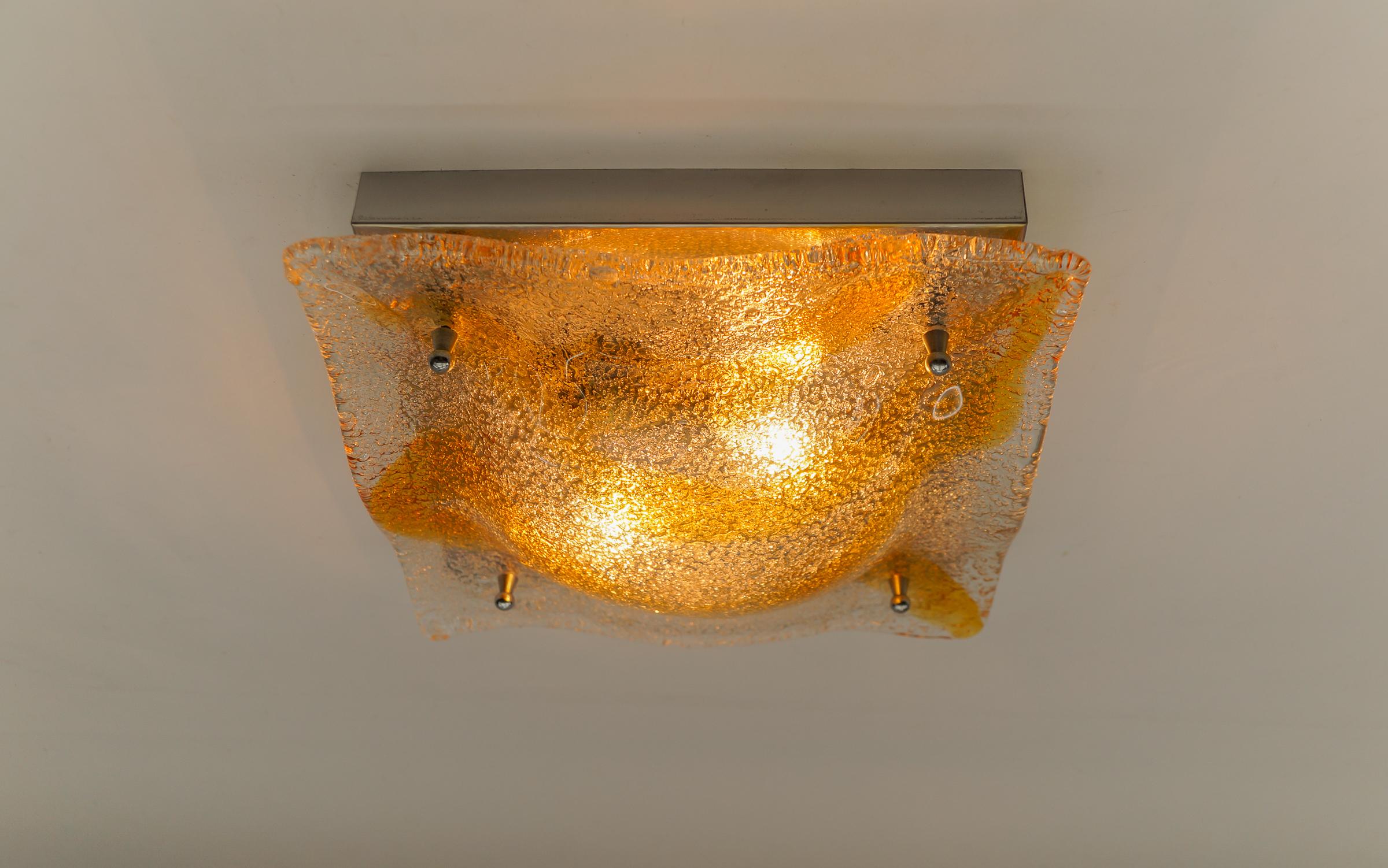Mid-20th Century Chrome & Orange Murano Glass Flush Mount Sconces, Italy, 1960s For Sale