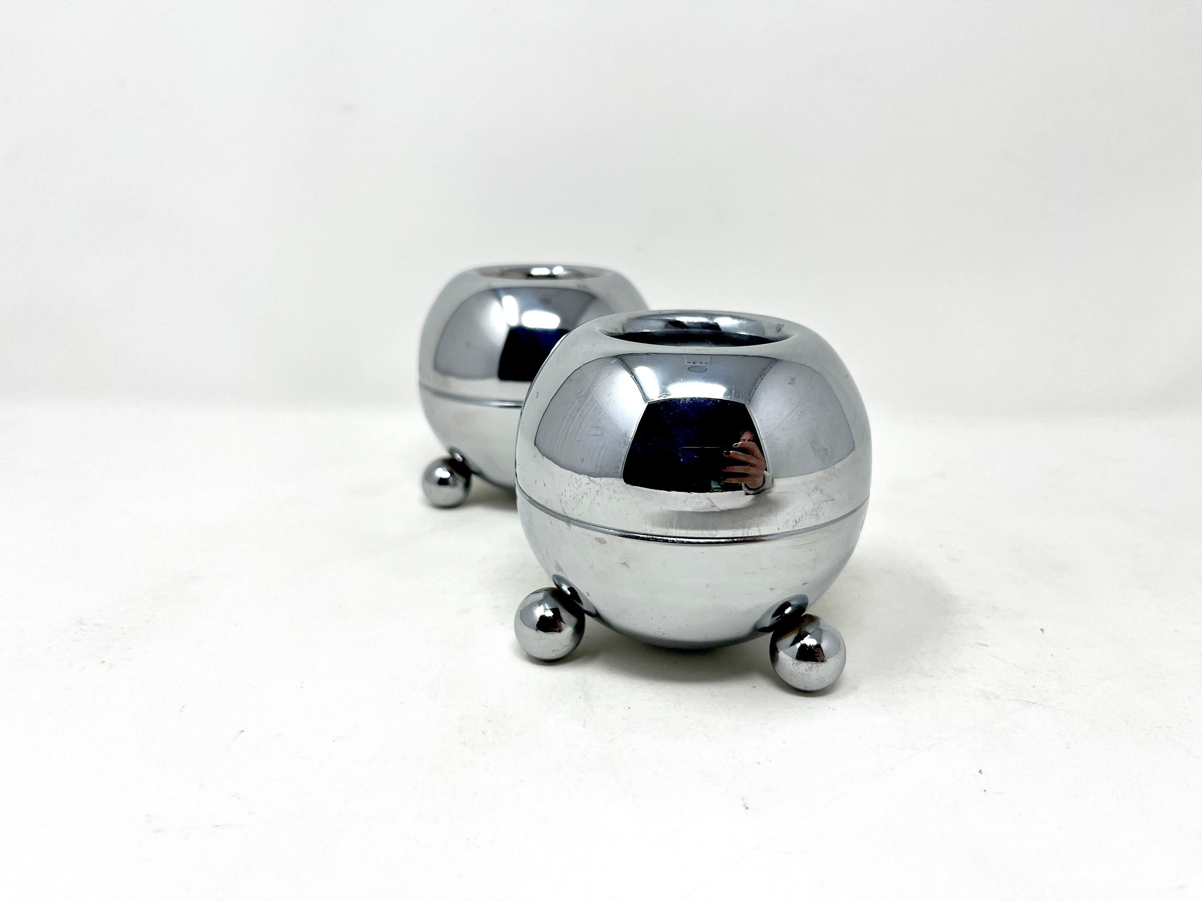 Mid-Century Modern Chrome Orb Atomic Age Starlite Candle Holders, Pair, Midcentury Modern For Sale