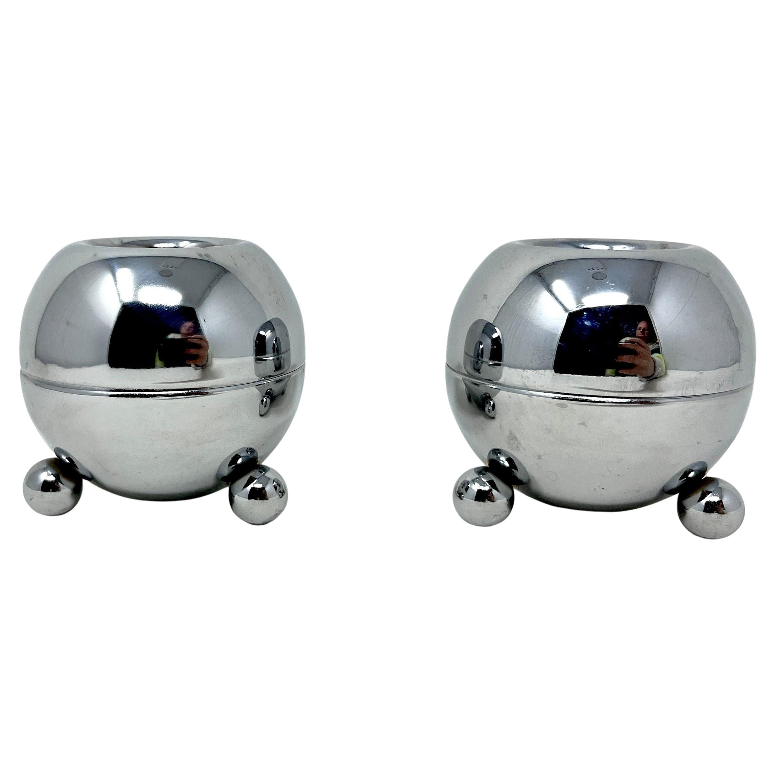 Chrome Orb Atomic Age Starlite Candle Holders, Pair, Midcentury Modern For Sale