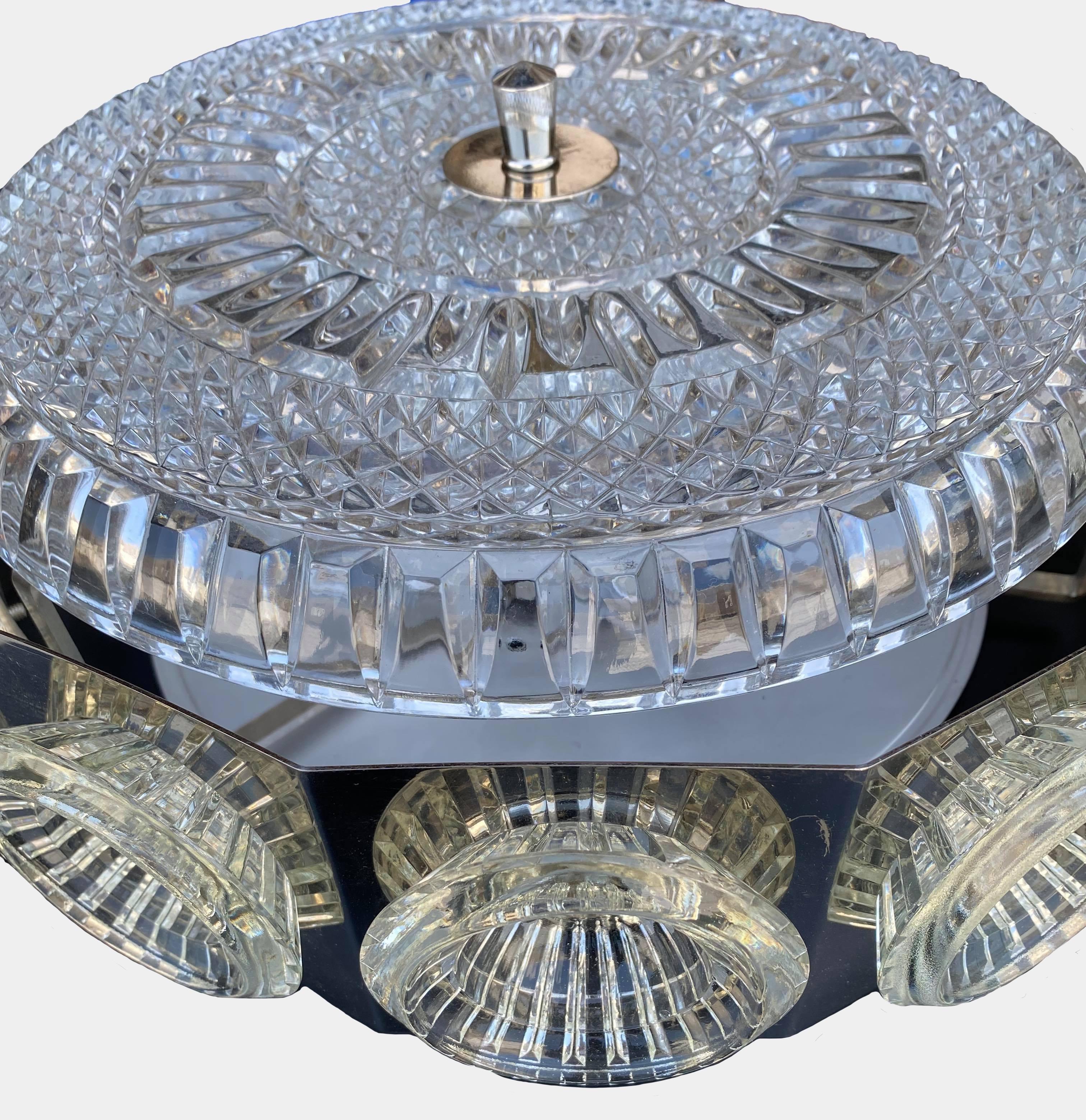 Chrome and glass fixture by Orrefors of Sweden. Newly rewired for four candelabra bulbs.