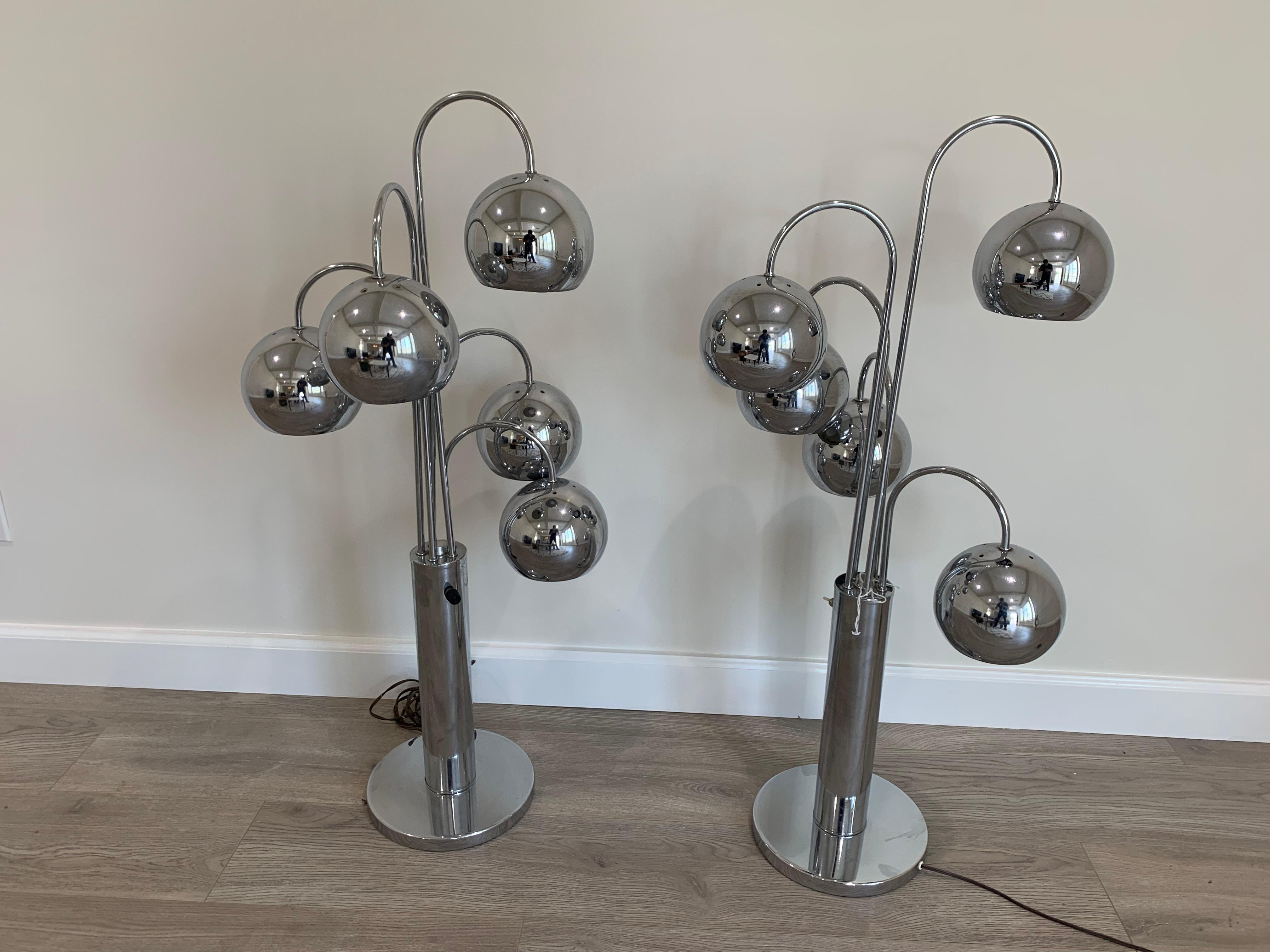 Chromed pair table lamps by Robert Sonneman with 5 adjustable eyeball arms and dimmable switches, circa 1960s.