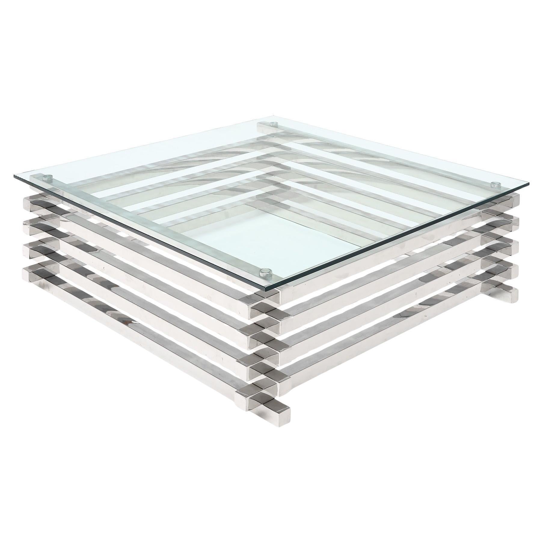 Mid-Century Modern Coffee Table with Chrome Base and Glass Top, 1970