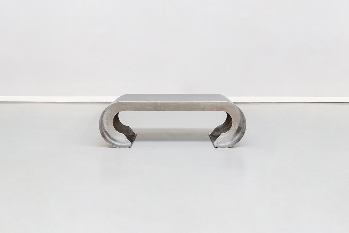 Chrome-plated aluminium coffee table by Willy Rizzo, 1970s.
Italian coffee table in the style of Willy Rizzo from Seventies, composed by a unique curved steel plate, reinforced by two internal knives in aluminum too. In this piece the strength point